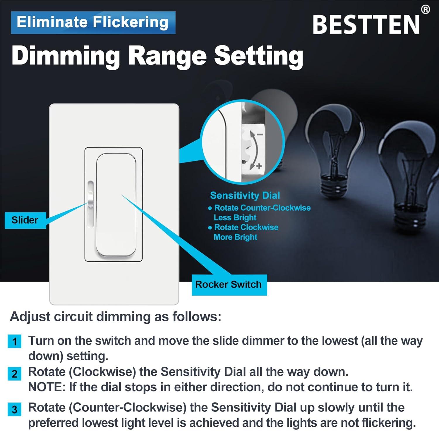 imageBESTTEN 6 Pack Super Slim Digital Dimmer Light Switch Quiet Rocker Single Pole or 3 Way Dimmable Switch for Dimmable LED CFL Incandescent Halogen ETL Listed White10