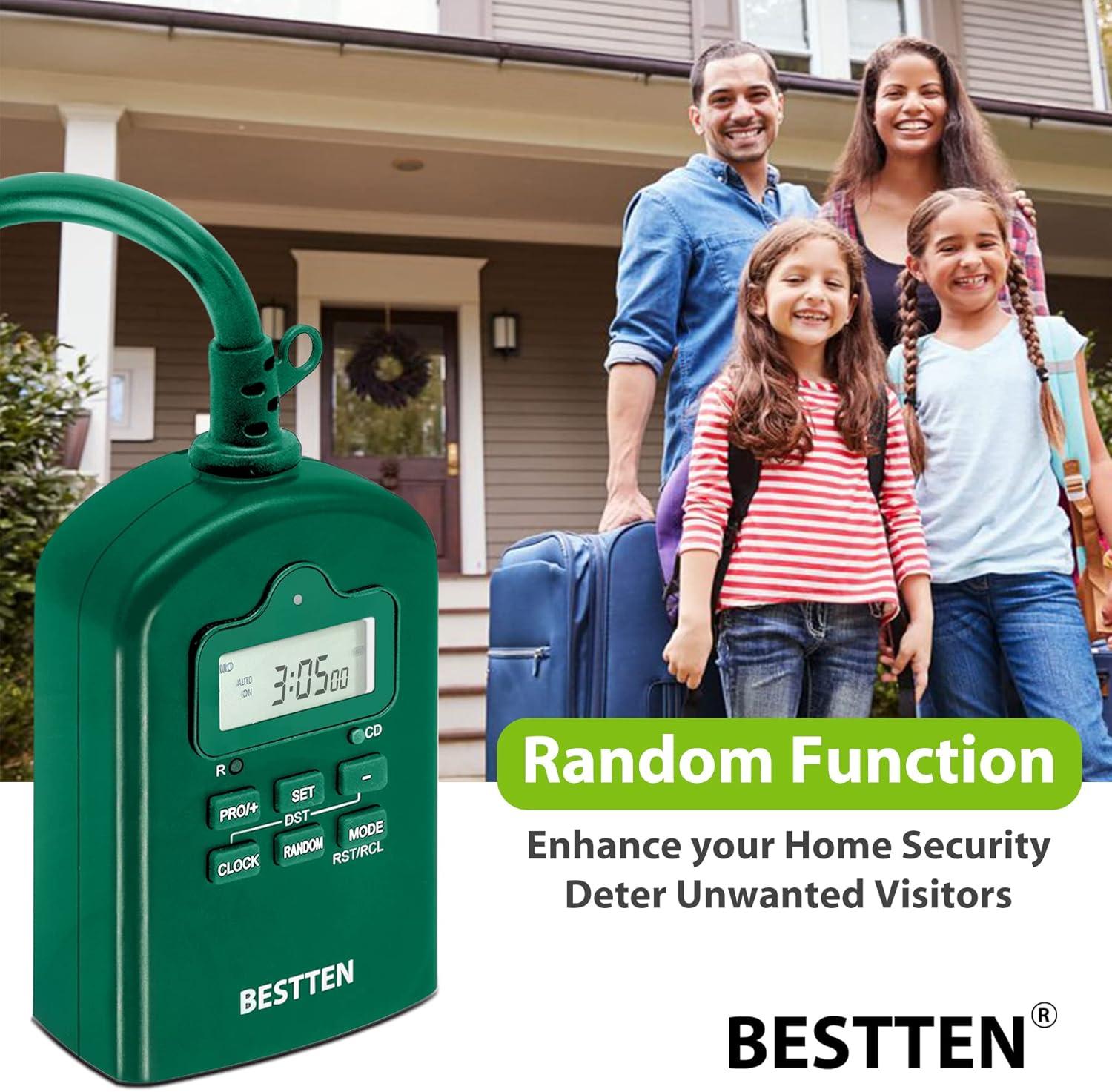 imageBESTTEN 7 Day Outdoor Digital Programmable Timer with Clock and Push Button Countdown Timer with Dual Grounded Outlets Weatherproof Green ETL ListedGreen