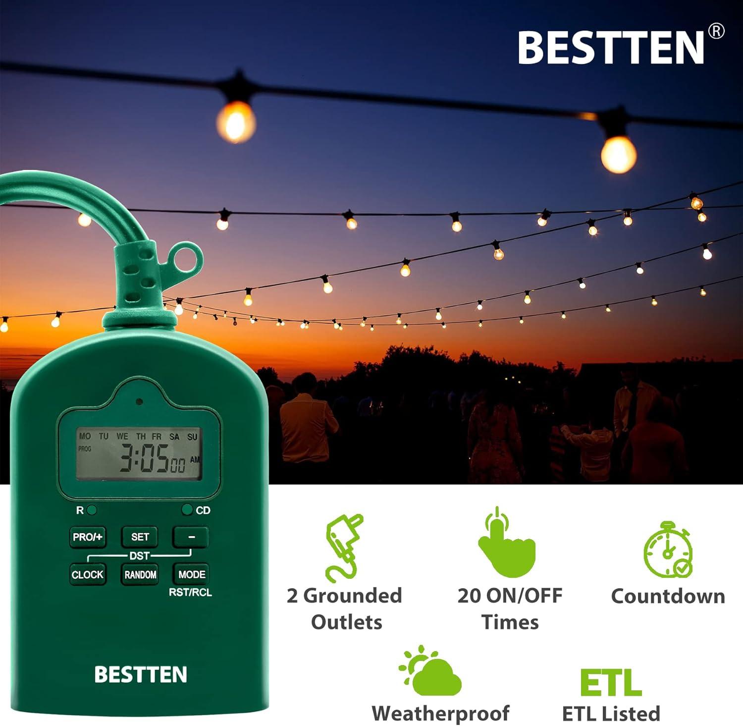 imageBESTTEN 7 Day Outdoor Digital Programmable Timer with Clock and Push Button Countdown Timer with Dual Grounded Outlets Weatherproof Green ETL ListedGreen