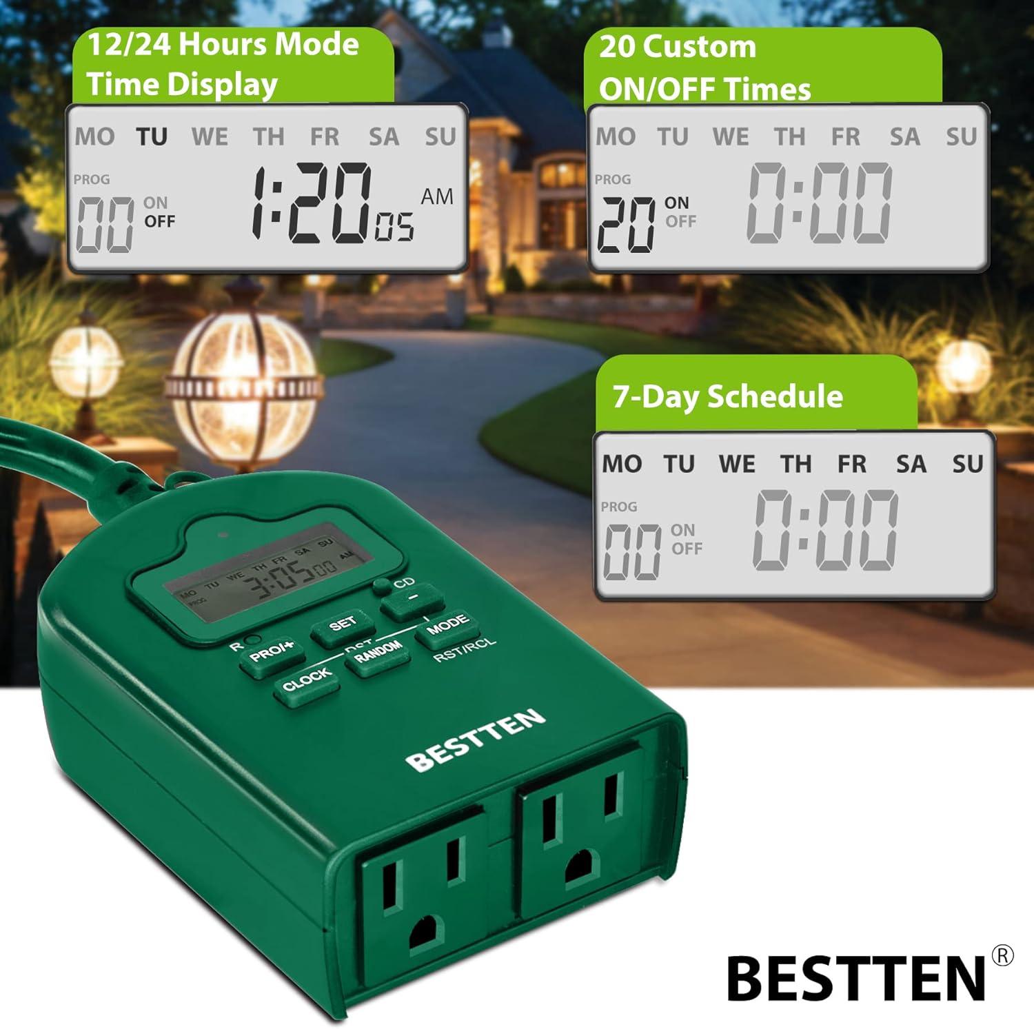 imageBESTTEN 7 Day Outdoor Digital Programmable Timer with Clock and Push Button Countdown Timer with Dual Grounded Outlets Weatherproof Green ETL ListedGreen