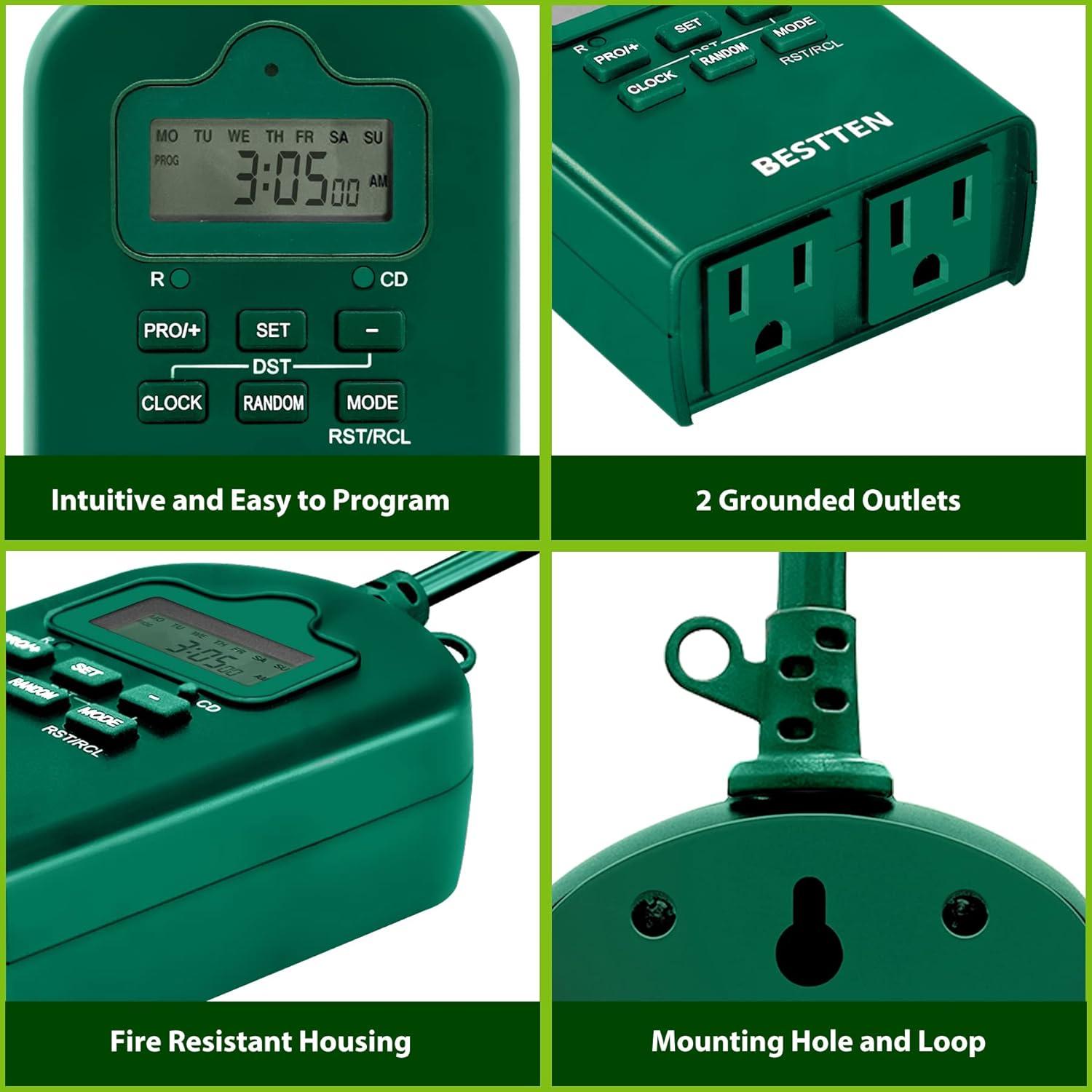 imageBESTTEN 7 Day Outdoor Digital Programmable Timer with Clock and Push Button Countdown Timer with Dual Grounded Outlets Weatherproof Green ETL ListedGreen