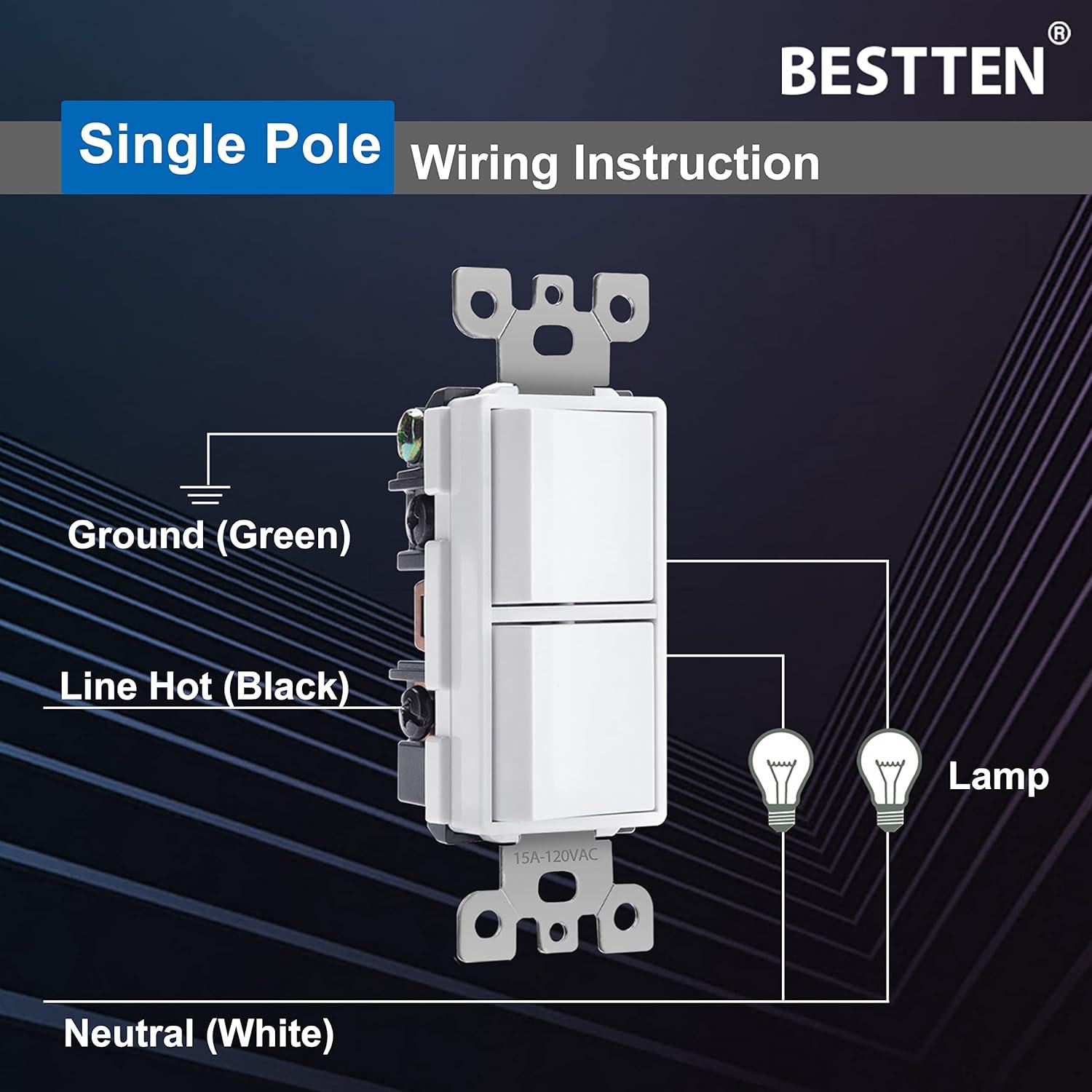 imageBESTTEN Double Switch 15A120V Single Pole Combination Interrupter UL Listed Snow White