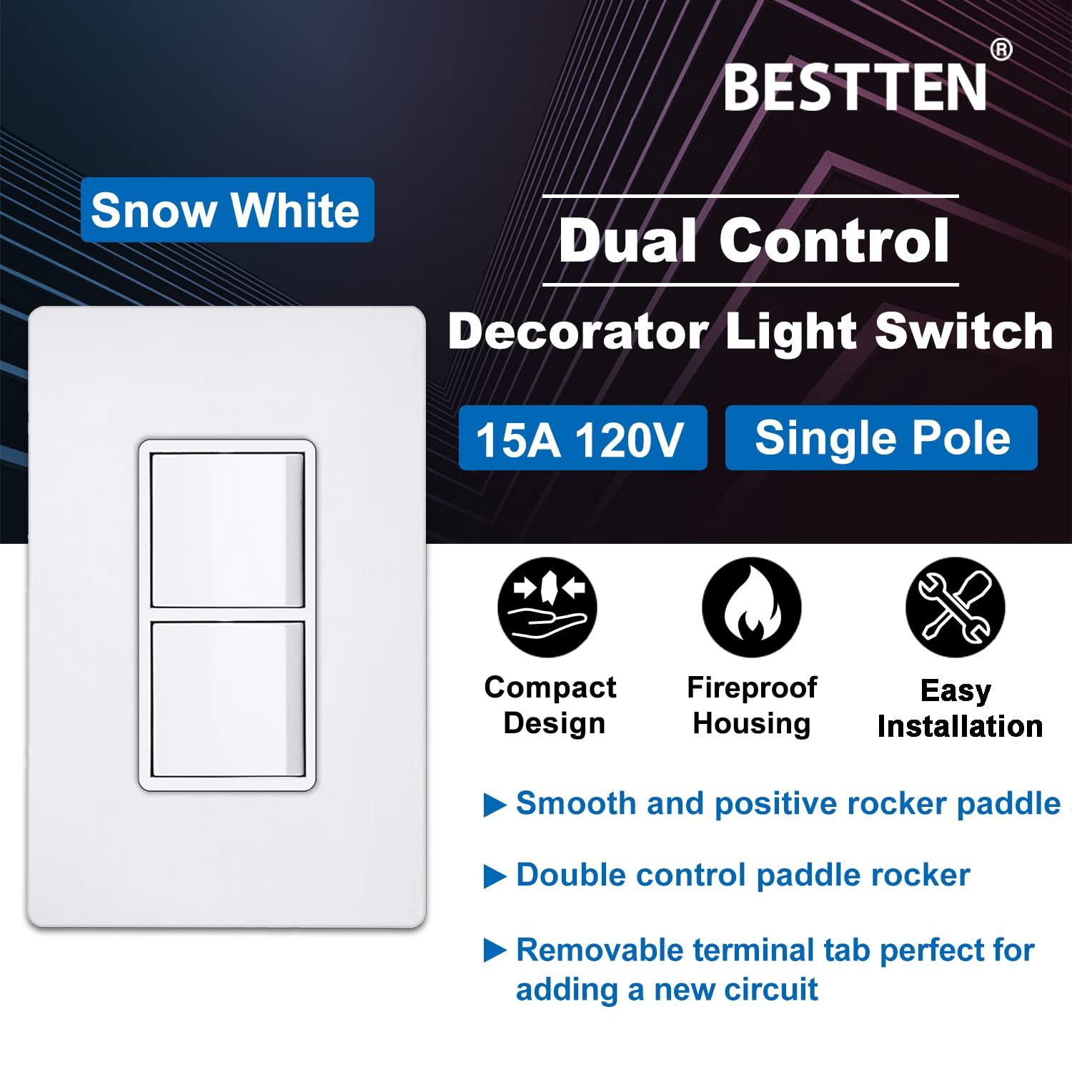 imageBESTTEN Double Switch 15A120V Single Pole Combination Interrupter UL Listed Snow White