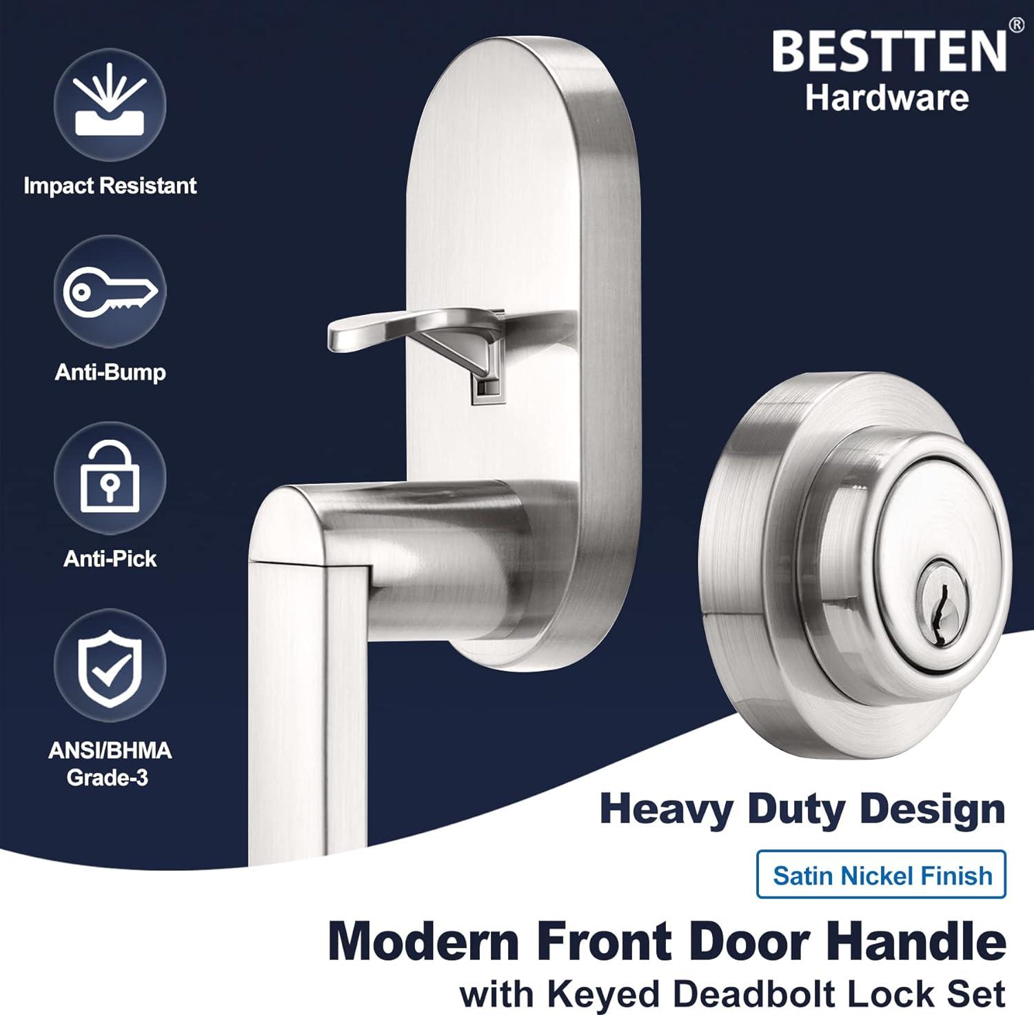 imageBESTTEN Front Entry Door Handle Set Heavy Duty Handleset with Single Cylinder Keyed Entry Deadbolt Lock ampamp Reversible Door Lever Satin Nickel