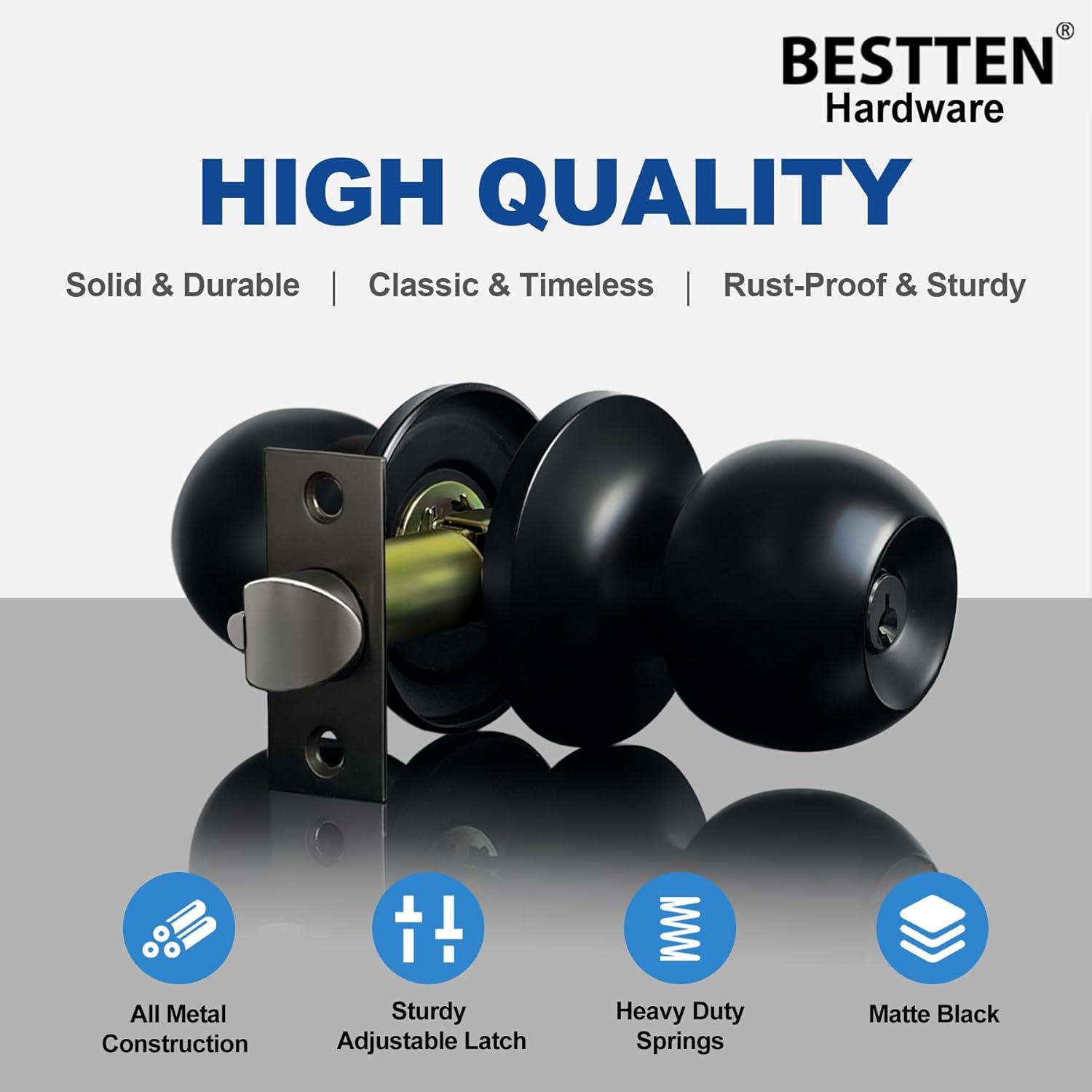 imageBESTTEN Keyed Entry Door Knob with Lock Interior and Exterior Door Lock Standard Ball Satin NickelMatte Black