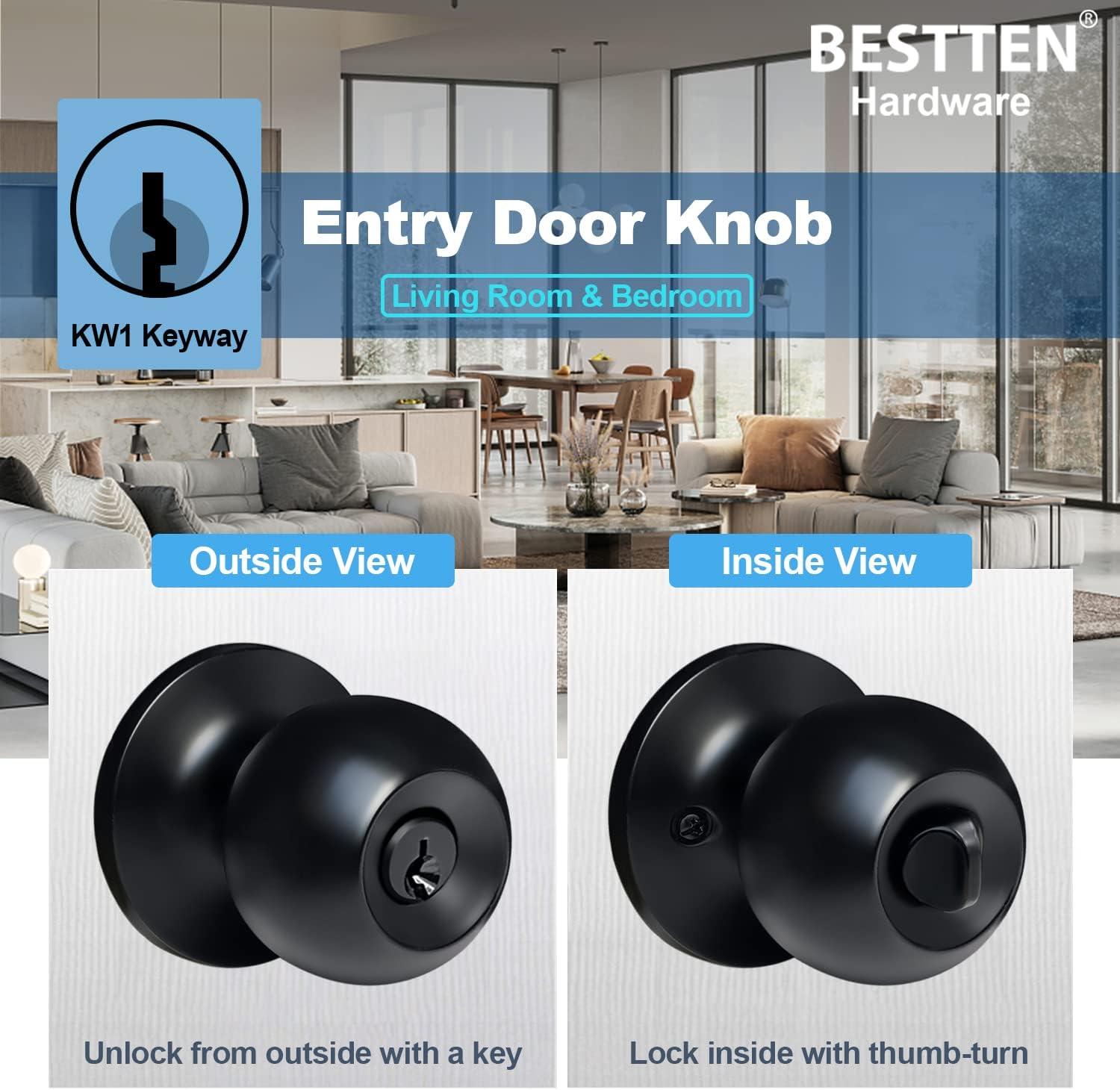 imageBESTTEN Keyed Entry Door Knob with Lock Interior and Exterior Door Lock Standard Ball Satin NickelMatte Black