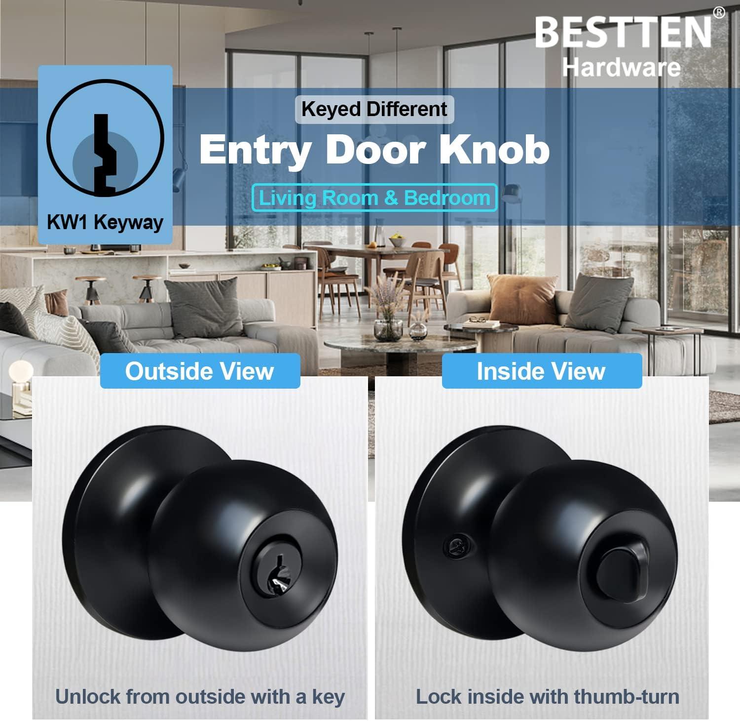 imageBESTTEN Keyed Entry Door Knob with Lock Interior and Exterior Door Lock Standard Ball Satin NickelMatte Black