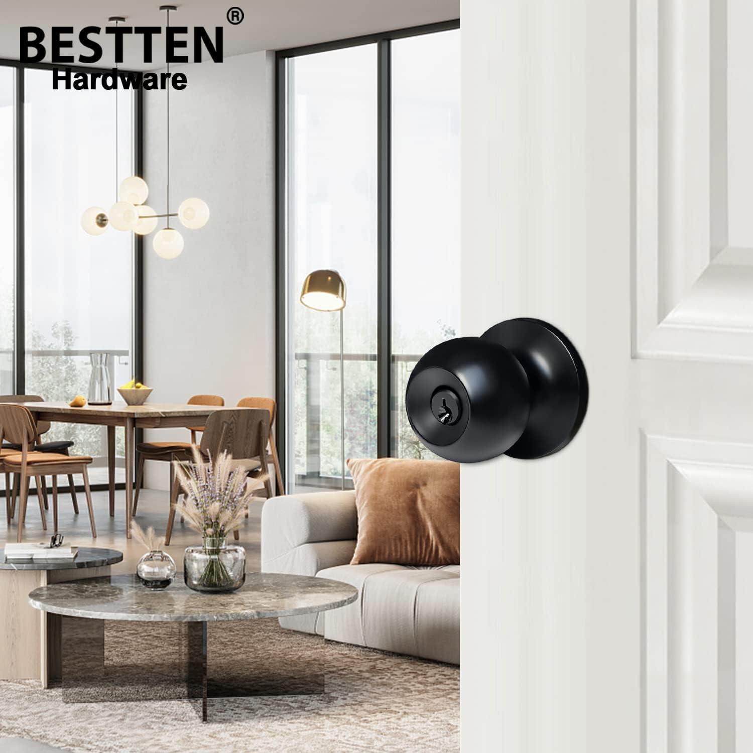 imageBESTTEN Keyed Entry Door Knob with Lock Interior and Exterior Door Lock Standard Ball Satin NickelMatte Black