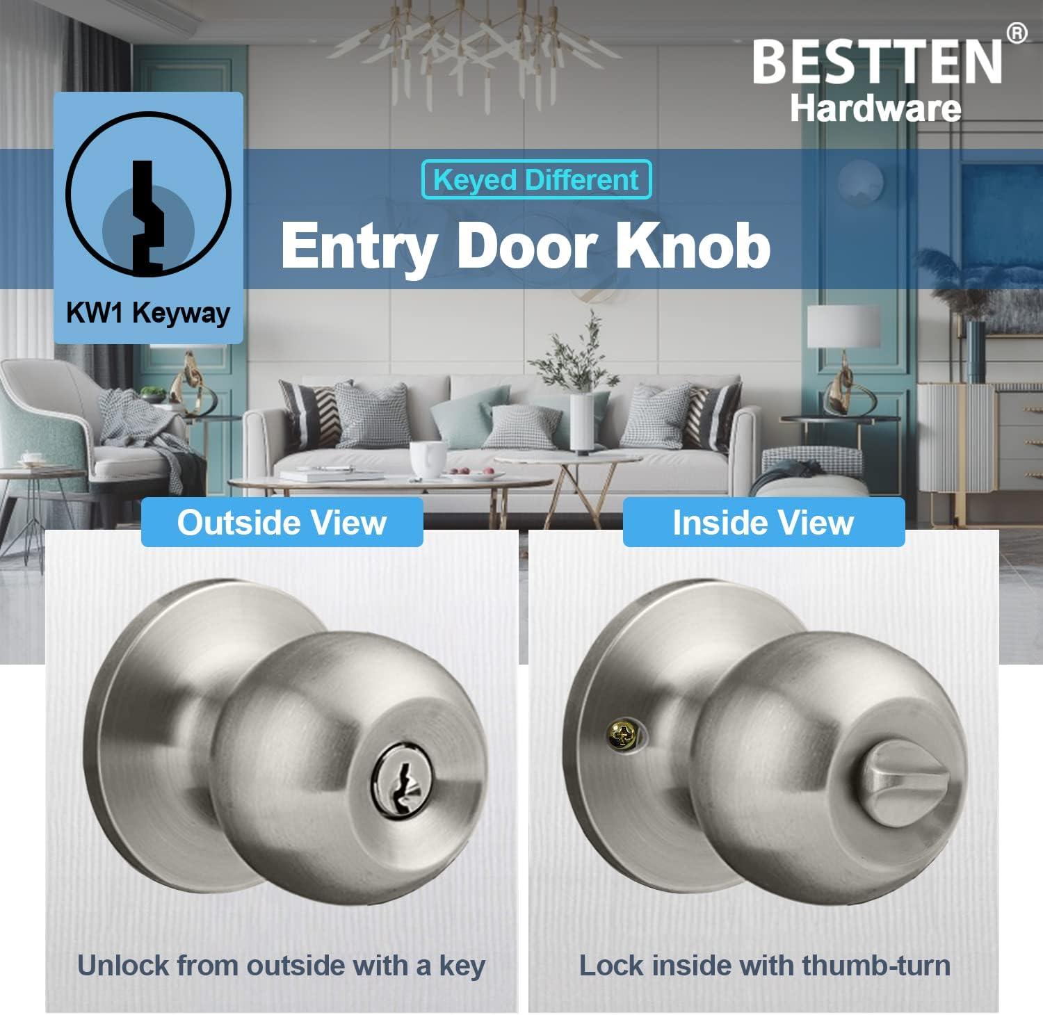 imageBESTTEN Keyed Entry Door Knob with Lock Interior and Exterior Door Lock Standard Ball Satin NickelSatin Nickel