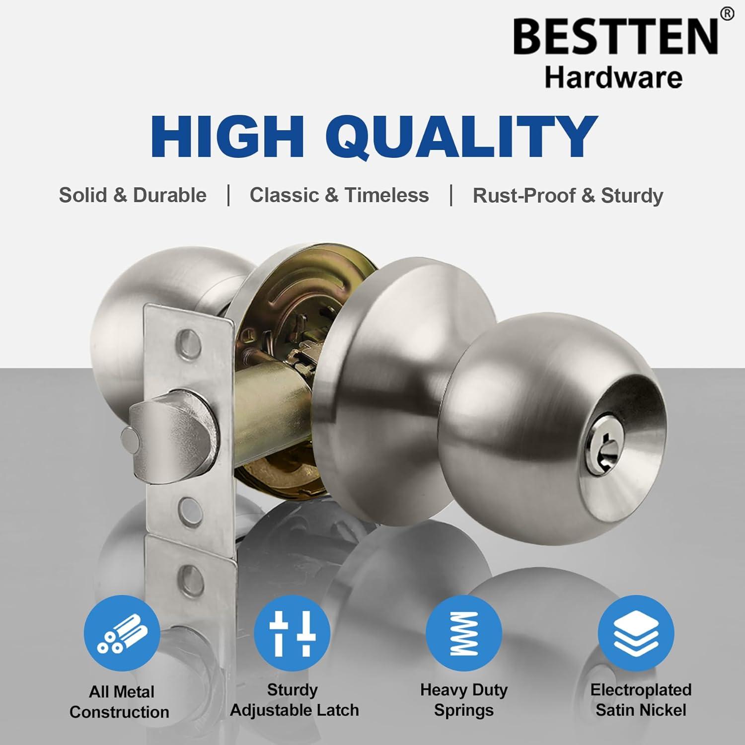 imageBESTTEN Keyed Entry Door Knob with Lock Interior and Exterior Door Lock Standard Ball Satin NickelSatin Nickel