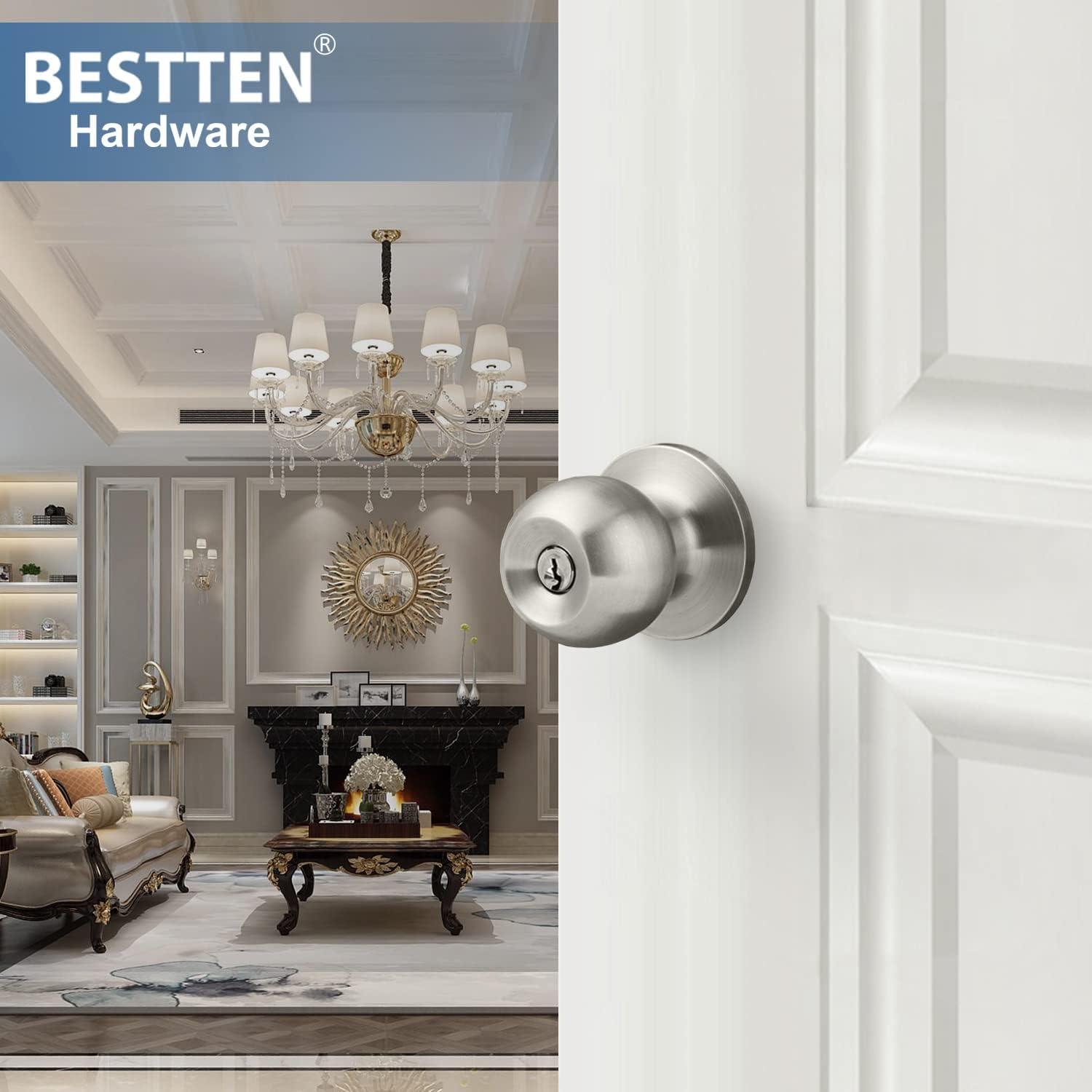 imageBESTTEN Keyed Entry Door Knob with Lock Interior and Exterior Door Lock Standard Ball Satin NickelSatin Nickel