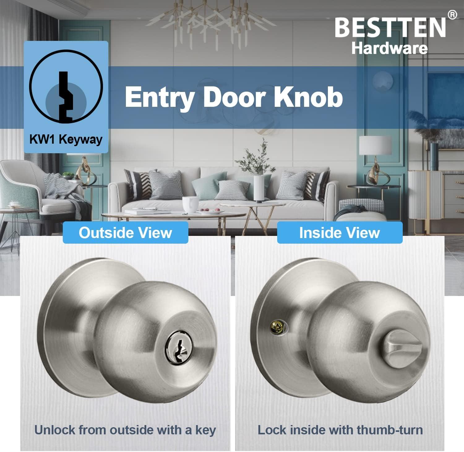 imageBESTTEN Keyed Entry Door Knob with Lock Interior and Exterior Door Lock Standard Ball Satin NickelSatin Nickel