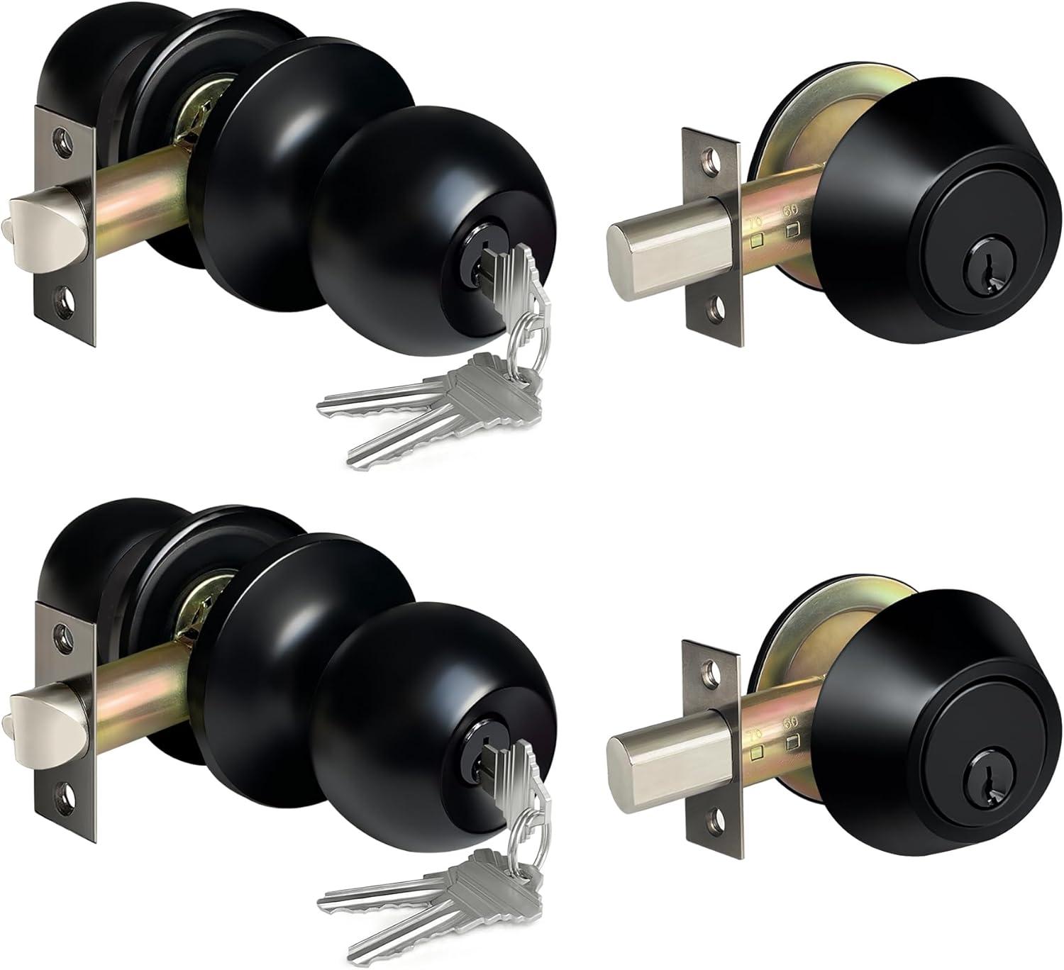 imageBESTTEN Keyed Same Exterior Door Knob and Single Cylinder Deadbolt Combo Set Keyed Alike Entry Door Knobs with Lock and Keys for Entrance and Front Door Satin NickelMatte Black