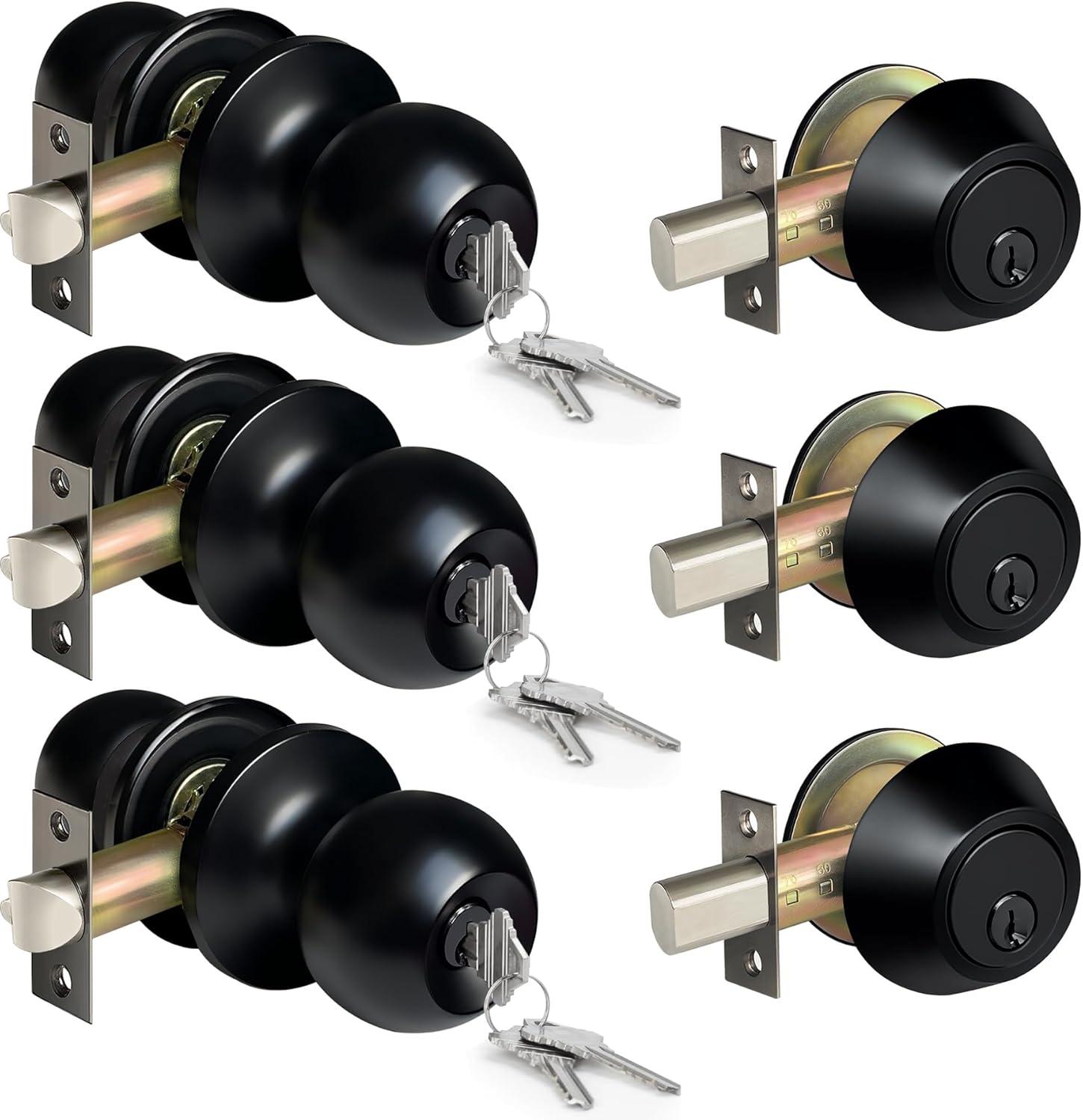 imageBESTTEN Keyed Same Exterior Door Knob and Single Cylinder Deadbolt Combo Set Keyed Alike Entry Door Knobs with Lock and Keys for Entrance and Front Door Satin NickelMatte Black