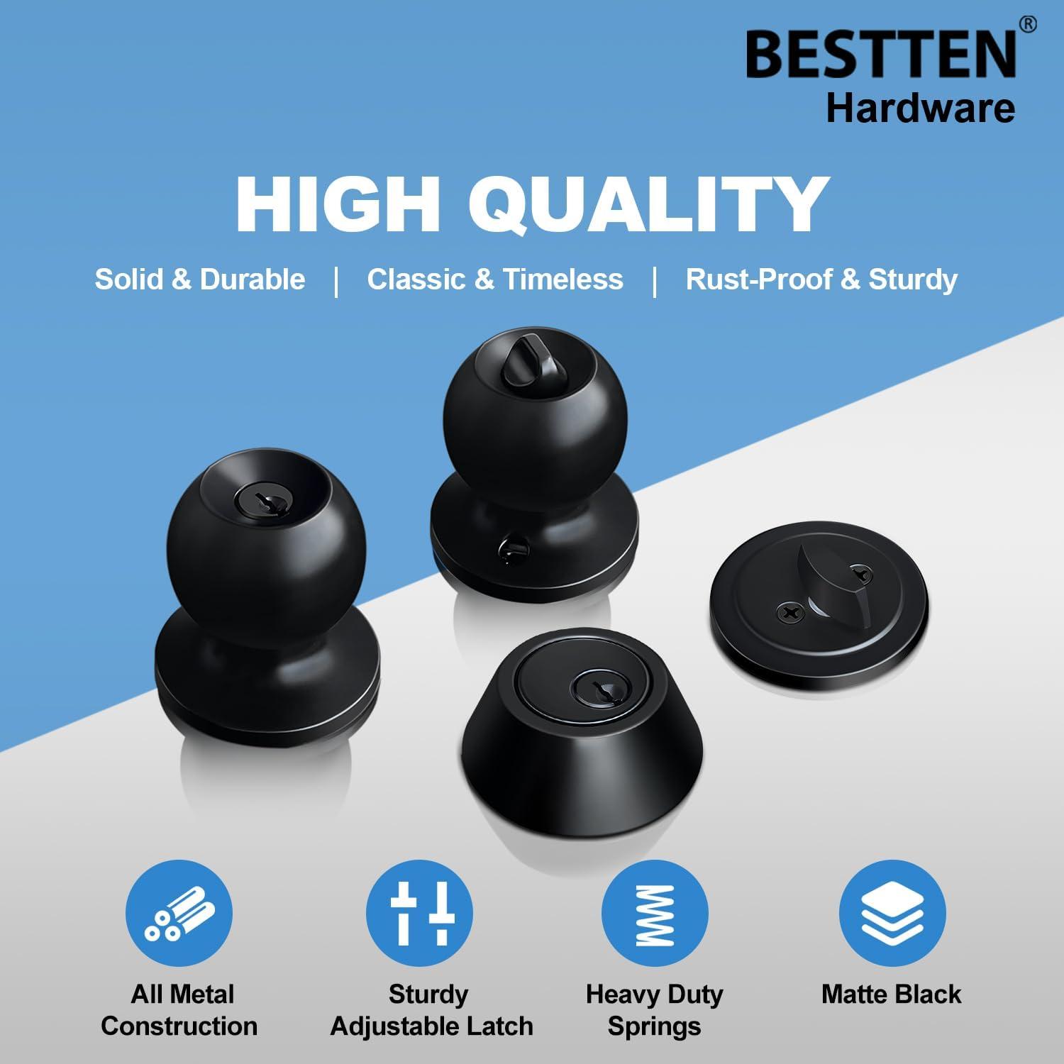 imageBESTTEN Keyed Same Exterior Door Knob and Single Cylinder Deadbolt Combo Set Keyed Alike Entry Door Knobs with Lock and Keys for Entrance and Front Door Satin NickelMatte Black