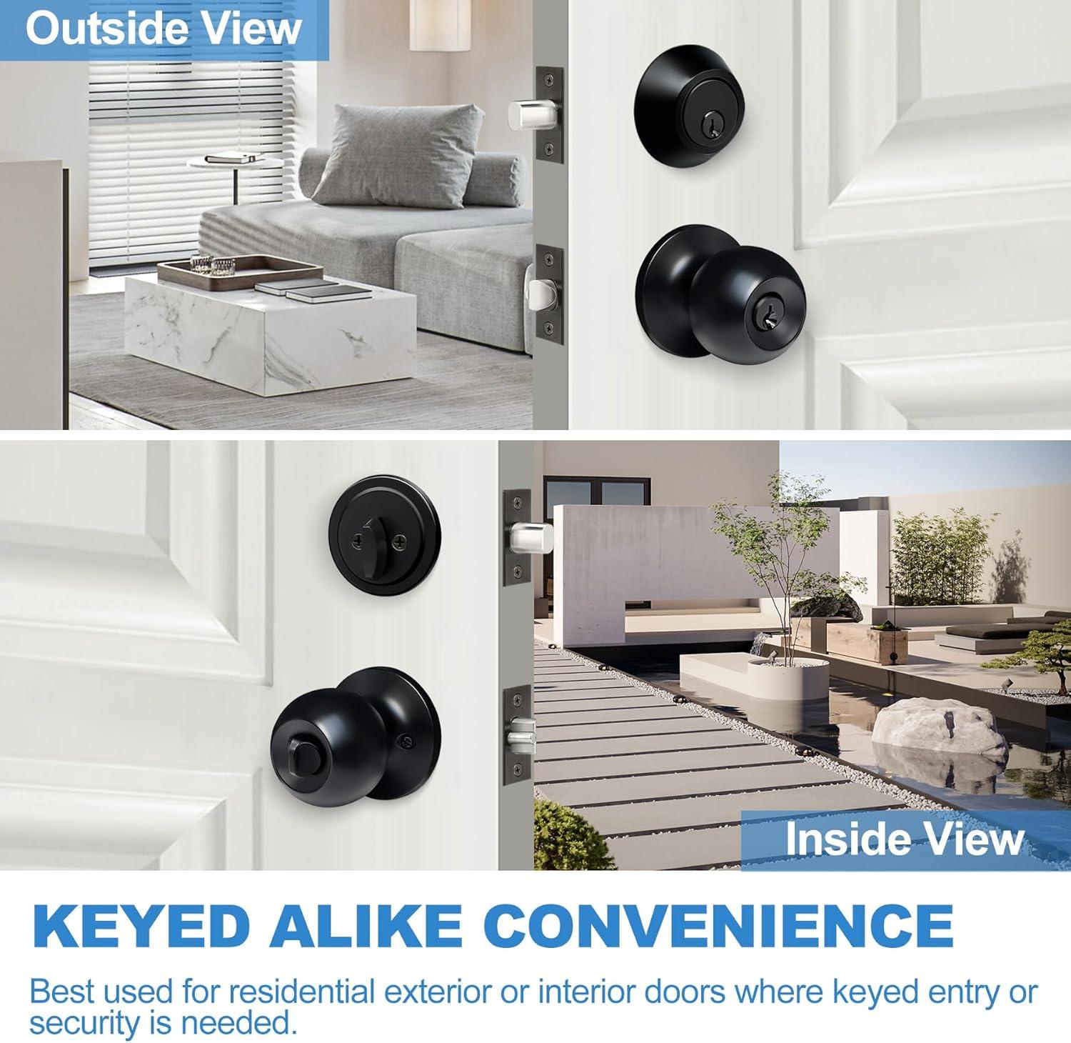imageBESTTEN Keyed Same Exterior Door Knob and Single Cylinder Deadbolt Combo Set Keyed Alike Entry Door Knobs with Lock and Keys for Entrance and Front Door Satin NickelMatte Black