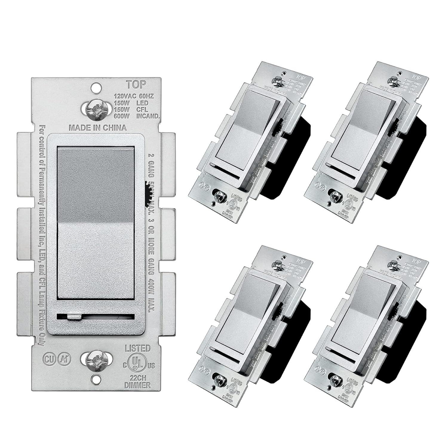 imageBESTTEN Matte Silver Dimmer Light Switch Single Pole or 3Way Compatible with Dimmable LED CFL Incandescent and Halogen Bulb 120VAC Signature Collection Series UL ListedMatte Silver