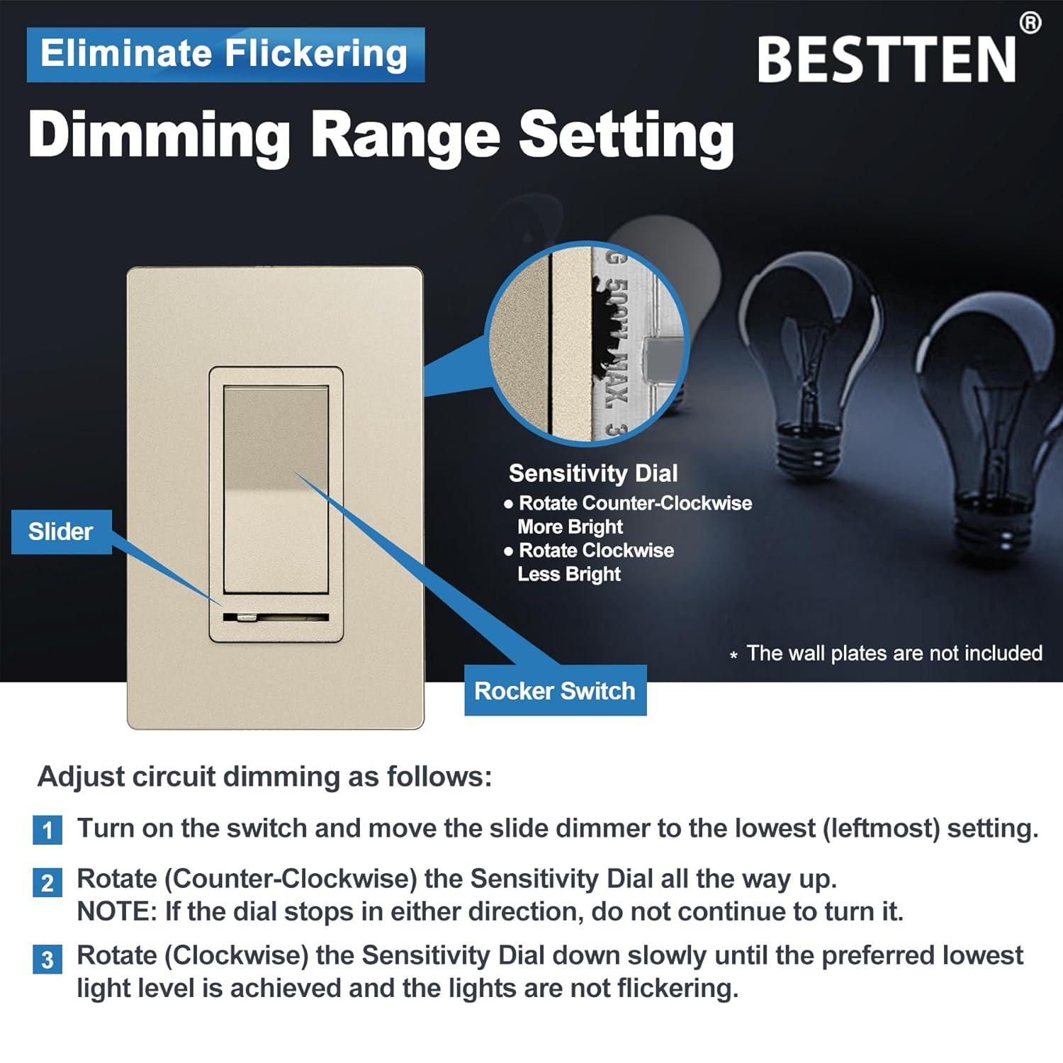 imageBESTTEN Matte Silver Dimmer Light Switch Single Pole or 3Way Compatible with Dimmable LED CFL Incandescent and Halogen Bulb 120VAC Signature Collection Series UL ListedChampagne Gold