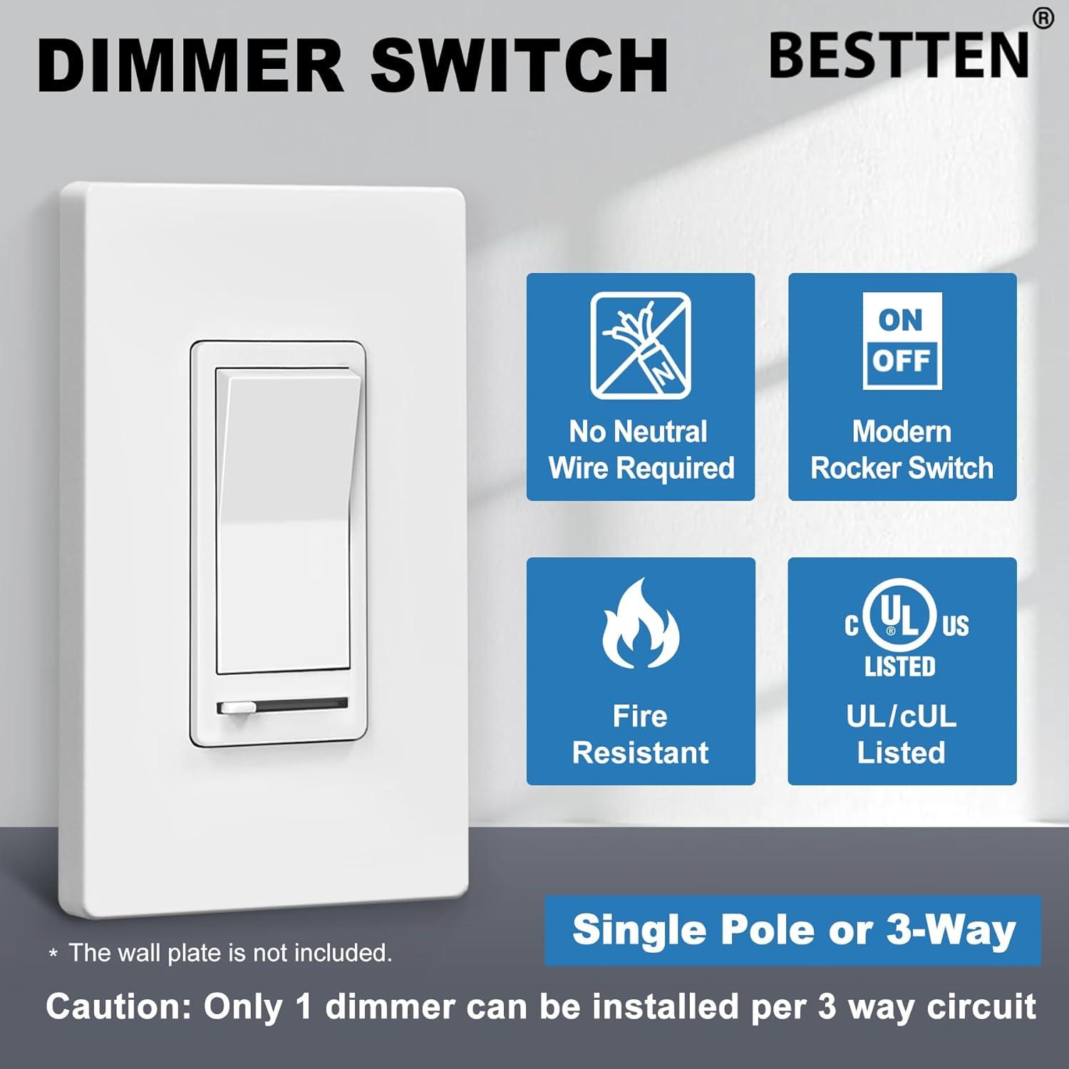 imageBESTTEN Matte Silver Dimmer Light Switch Single Pole or 3Way Compatible with Dimmable LED CFL Incandescent and Halogen Bulb 120VAC Signature Collection Series UL ListedWhite