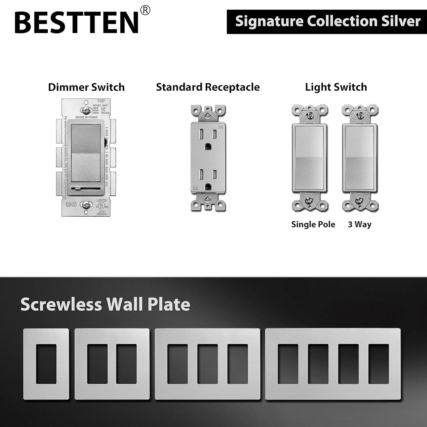 imageBESTTEN Matte Silver Dimmer Light Switch Single Pole or 3Way Compatible with Dimmable LED CFL Incandescent and Halogen Bulb 120VAC Signature Collection Series UL ListedMatte Silver