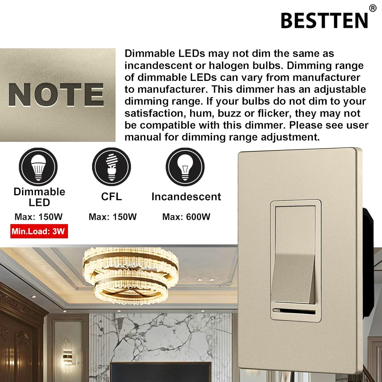 imageBESTTEN Matte Silver Dimmer Light Switch Single Pole or 3Way Compatible with Dimmable LED CFL Incandescent and Halogen Bulb 120VAC Signature Collection Series UL ListedChampagne Gold