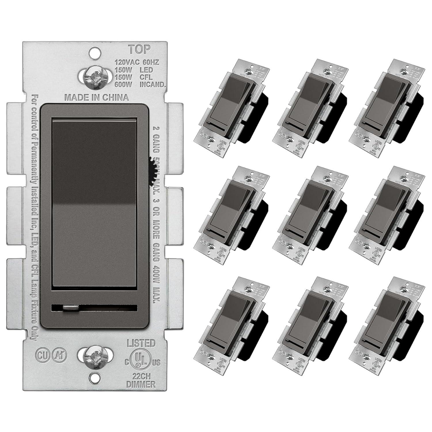 imageBESTTEN Matte Silver Dimmer Light Switch Single Pole or 3Way Compatible with Dimmable LED CFL Incandescent and Halogen Bulb 120VAC Signature Collection Series UL ListedMatte Brown