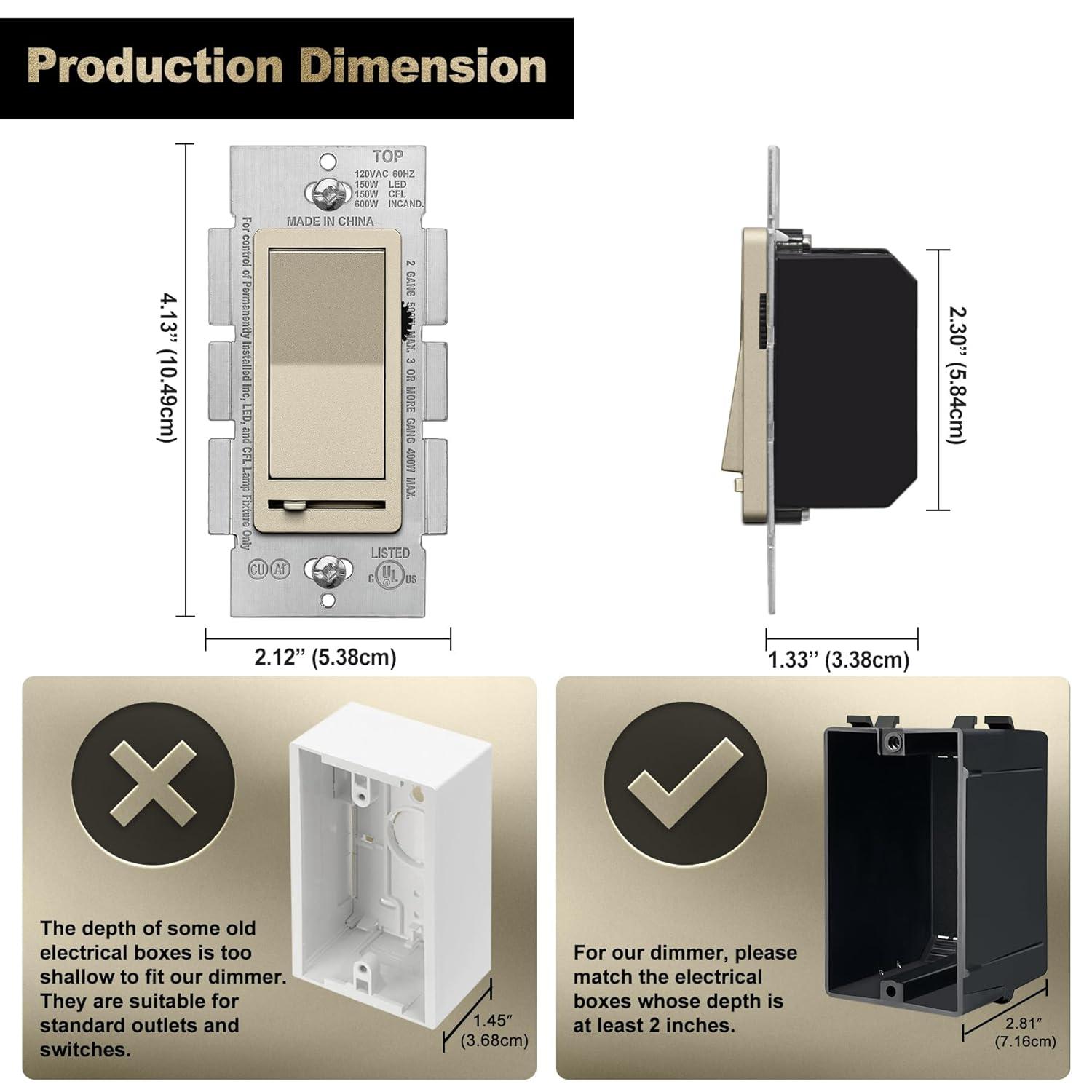 imageBESTTEN Matte Silver Dimmer Light Switch Single Pole or 3Way Compatible with Dimmable LED CFL Incandescent and Halogen Bulb 120VAC Signature Collection Series UL ListedChampagne Gold