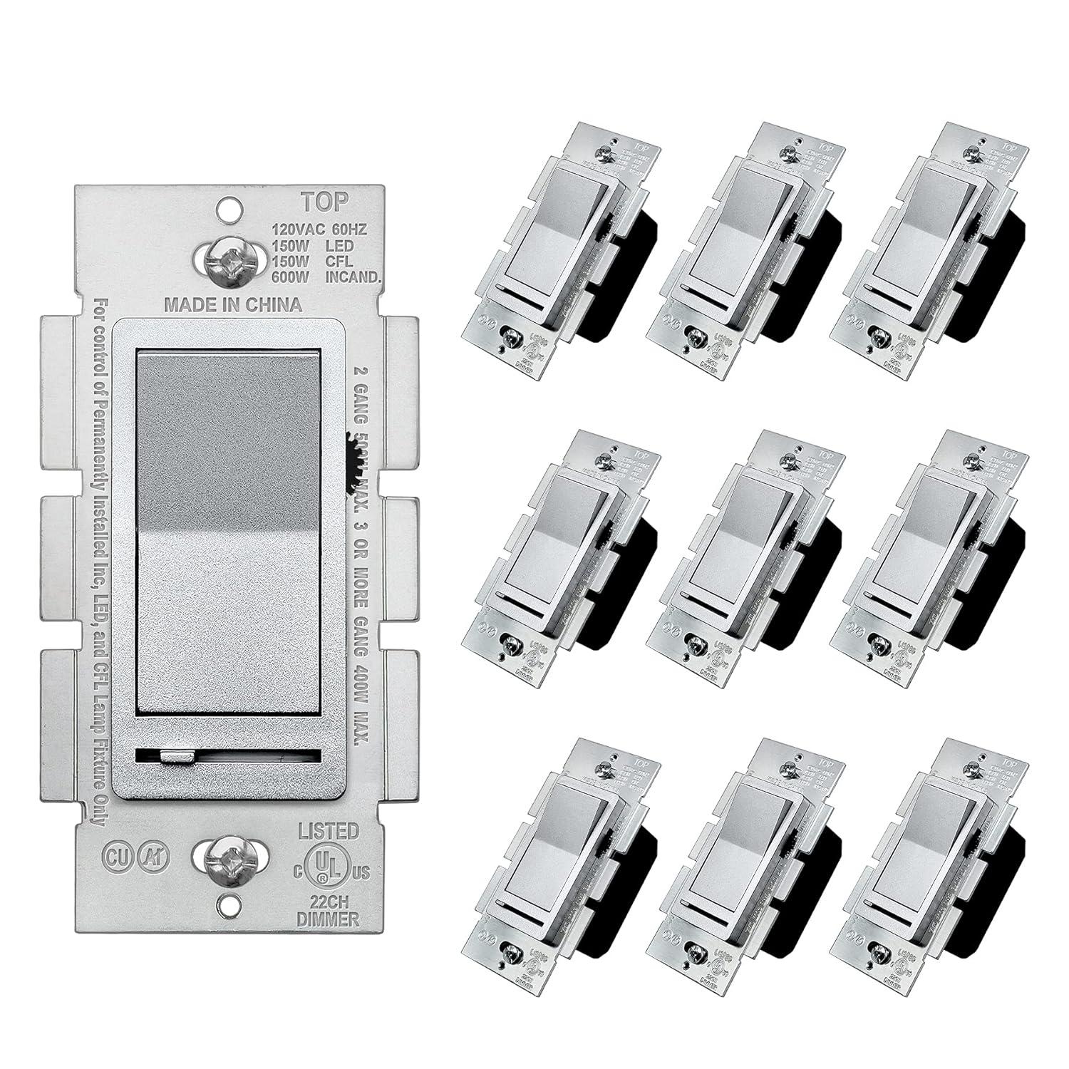 imageBESTTEN Matte Silver Dimmer Light Switch Single Pole or 3Way Compatible with Dimmable LED CFL Incandescent and Halogen Bulb 120VAC Signature Collection Series UL ListedMatte Silver