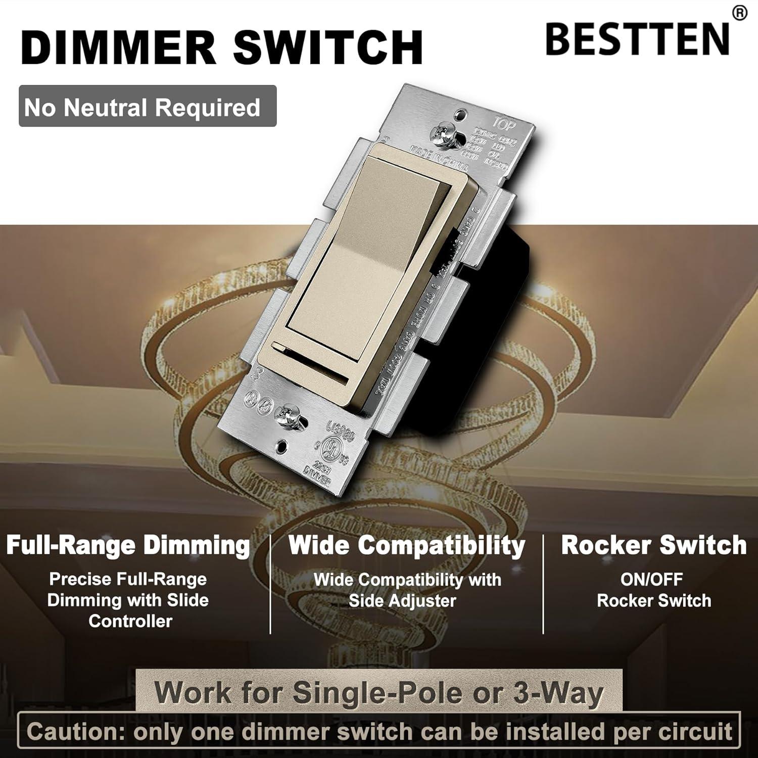 imageBESTTEN Matte Silver Dimmer Light Switch Single Pole or 3Way Compatible with Dimmable LED CFL Incandescent and Halogen Bulb 120VAC Signature Collection Series UL ListedChampagne Gold