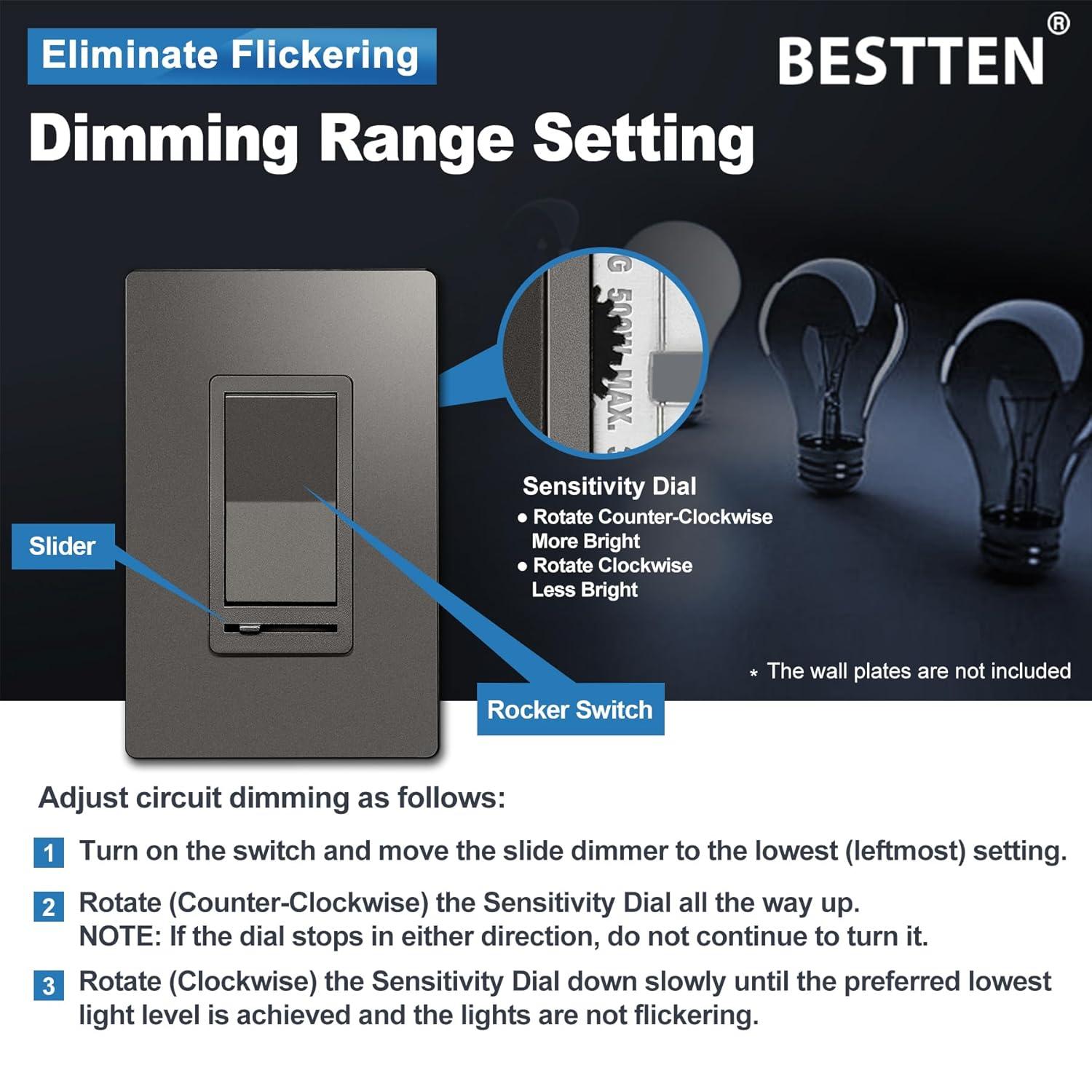 imageBESTTEN Matte Silver Dimmer Light Switch Single Pole or 3Way Compatible with Dimmable LED CFL Incandescent and Halogen Bulb 120VAC Signature Collection Series UL ListedMatte Brown