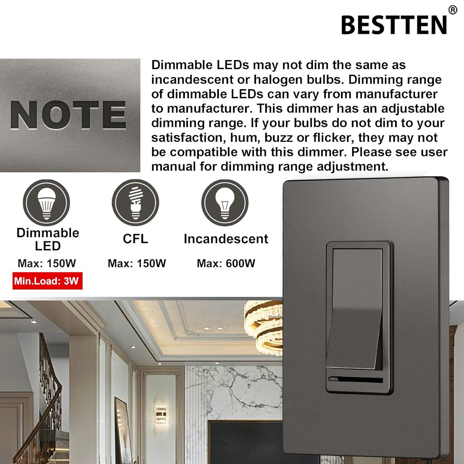 imageBESTTEN Matte Silver Dimmer Light Switch Single Pole or 3Way Compatible with Dimmable LED CFL Incandescent and Halogen Bulb 120VAC Signature Collection Series UL ListedMatte Brown