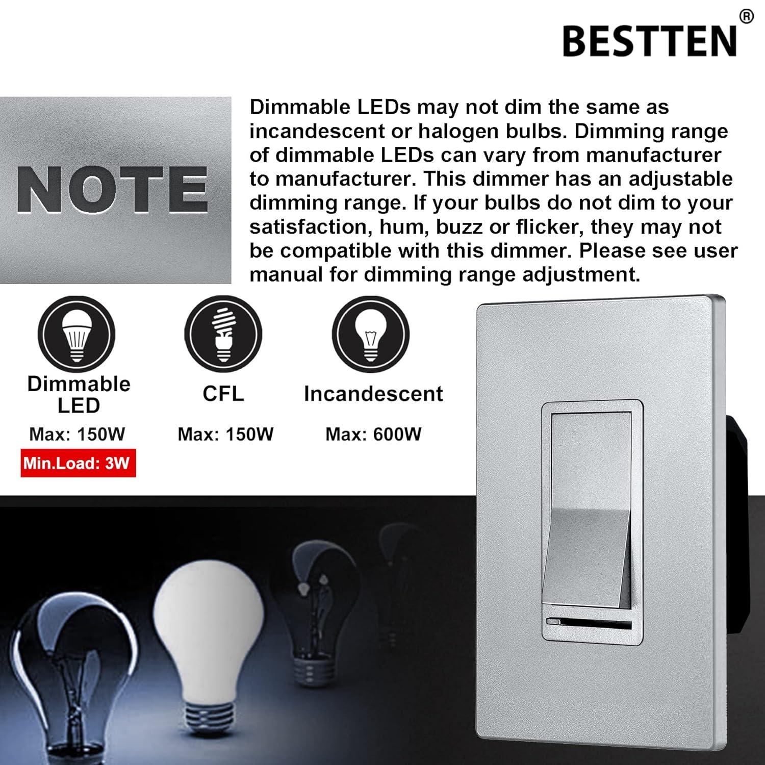 imageBESTTEN Matte Silver Dimmer Light Switch Single Pole or 3Way Compatible with Dimmable LED CFL Incandescent and Halogen Bulb 120VAC Signature Collection Series UL ListedMatte Silver