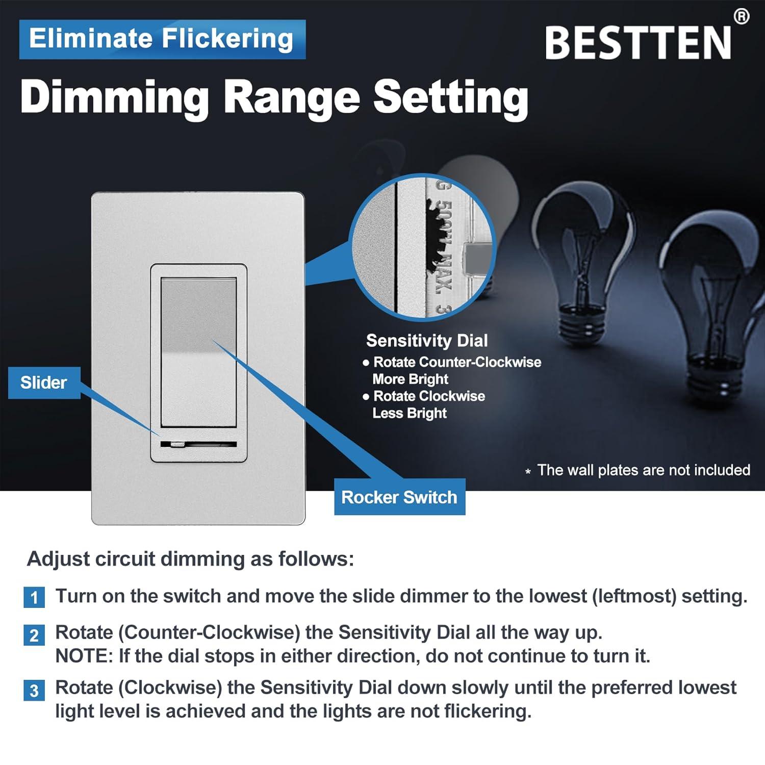 imageBESTTEN Matte Silver Dimmer Light Switch Single Pole or 3Way Compatible with Dimmable LED CFL Incandescent and Halogen Bulb 120VAC Signature Collection Series UL ListedMatte Silver