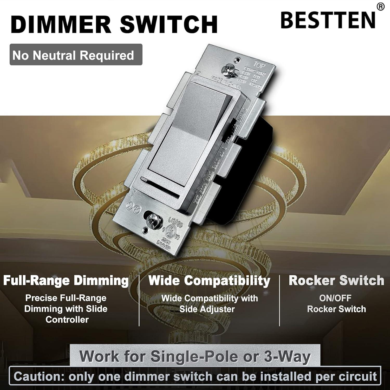 imageBESTTEN Matte Silver Dimmer Light Switch Single Pole or 3Way Compatible with Dimmable LED CFL Incandescent and Halogen Bulb 120VAC Signature Collection Series UL ListedMatte Silver