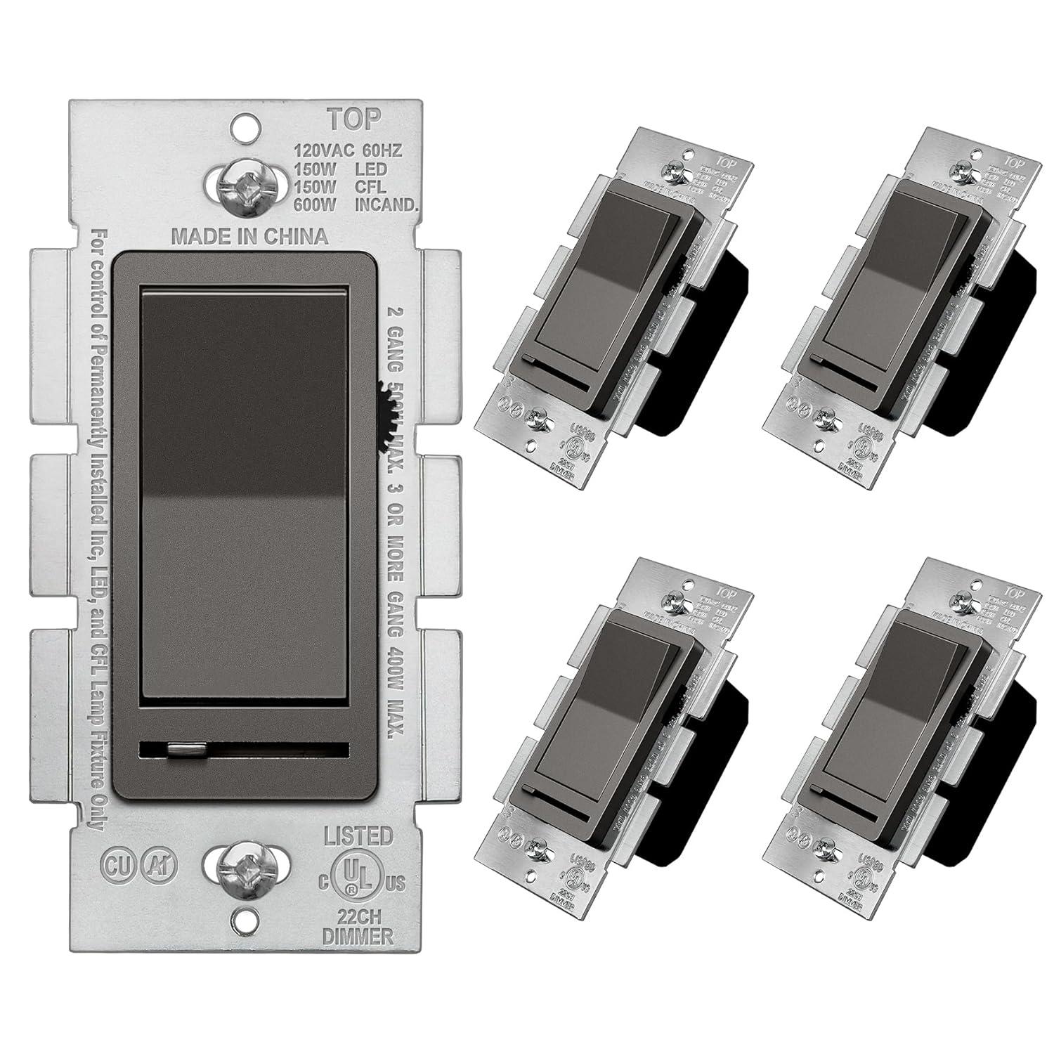 imageBESTTEN Matte Silver Dimmer Light Switch Single Pole or 3Way Compatible with Dimmable LED CFL Incandescent and Halogen Bulb 120VAC Signature Collection Series UL ListedMatte Brown