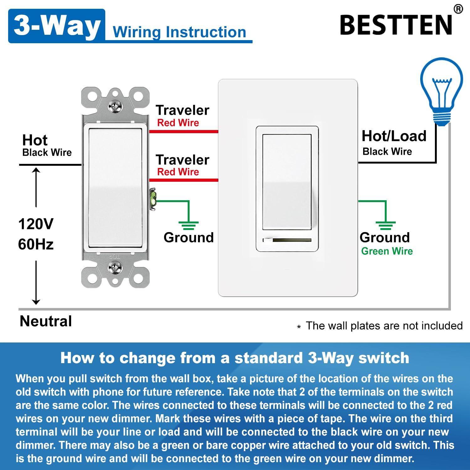 imageBESTTEN Matte Silver Dimmer Light Switch Single Pole or 3Way Compatible with Dimmable LED CFL Incandescent and Halogen Bulb 120VAC Signature Collection Series UL ListedWhite