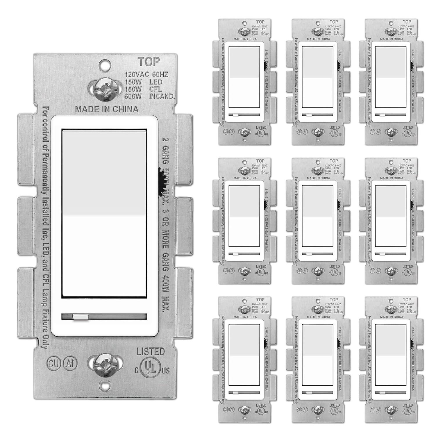 imageBESTTEN Matte Silver Dimmer Light Switch Single Pole or 3Way Compatible with Dimmable LED CFL Incandescent and Halogen Bulb 120VAC Signature Collection Series UL ListedWhite