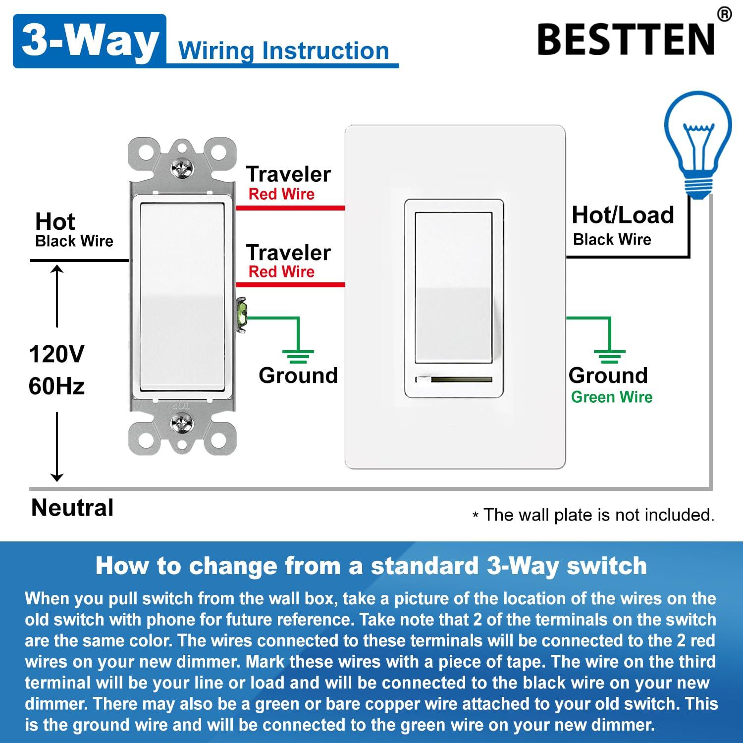 imageBESTTEN Matte Silver Dimmer Light Switch Single Pole or 3Way Compatible with Dimmable LED CFL Incandescent and Halogen Bulb 120VAC Signature Collection Series UL ListedWhite