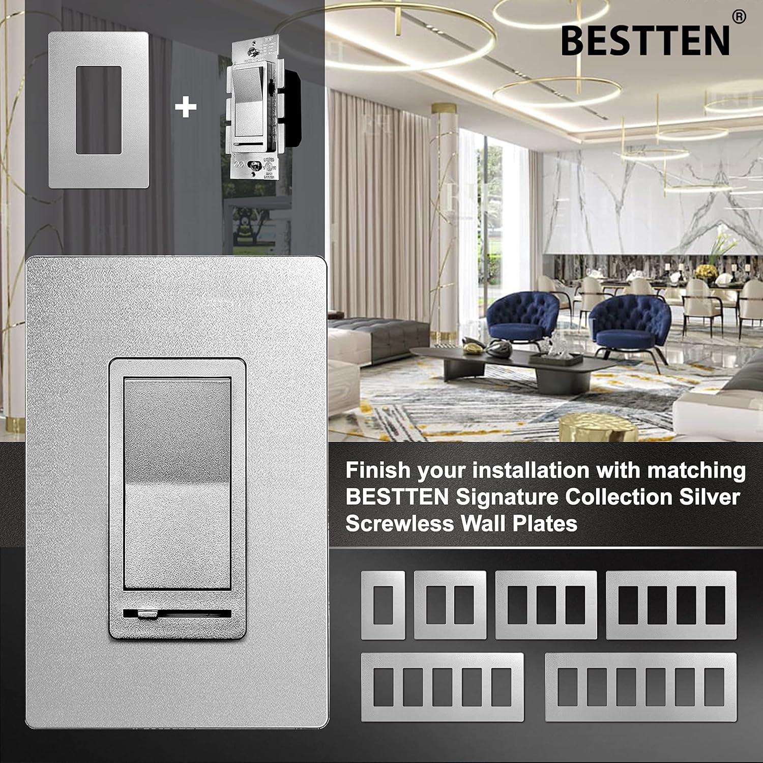imageBESTTEN Matte Silver Dimmer Light Switch Single Pole or 3Way Compatible with Dimmable LED CFL Incandescent and Halogen Bulb 120VAC Signature Collection Series UL ListedMatte Silver