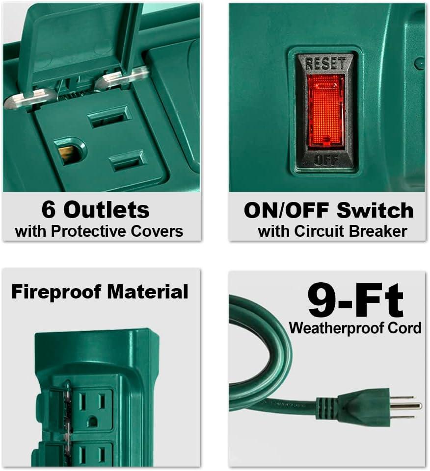 imageBESTTEN Outdoor Power Strip with Covers and Overload Protection Switch Double Sided 6Outlet Yard Power Stake with 9Foot Long Extension Cord ETL Certified Green6 Outlets  9ft