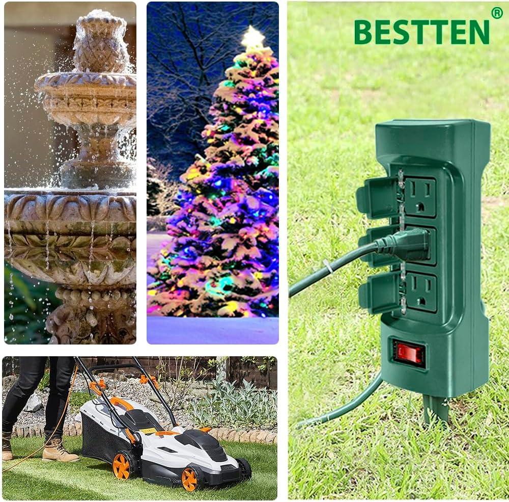 imageBESTTEN Outdoor Power Strip with Covers and Overload Protection Switch Double Sided 6Outlet Yard Power Stake with 9Foot Long Extension Cord ETL Certified Green6 Outlets  9ft