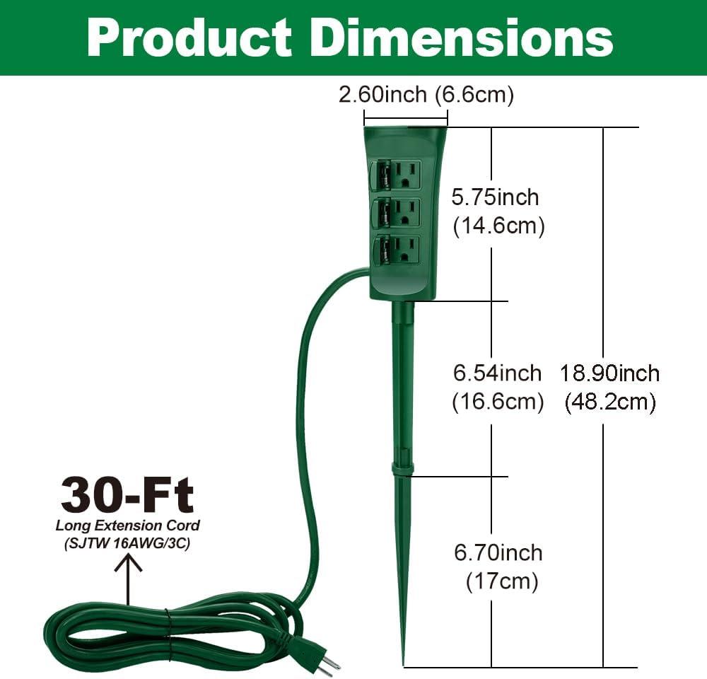 imageBESTTEN Outdoor Power Strip with Covers and Overload Protection Switch Double Sided 6Outlet Yard Power Stake with 9Foot Long Extension Cord ETL Certified Green3 Outlets  30ft
