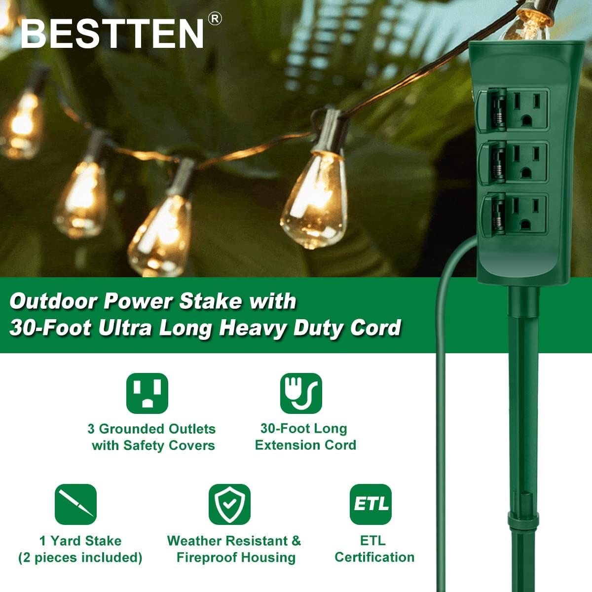 imageBESTTEN Outdoor Power Strip with Covers and Overload Protection Switch Double Sided 6Outlet Yard Power Stake with 9Foot Long Extension Cord ETL Certified Green3 Outlets  30ft