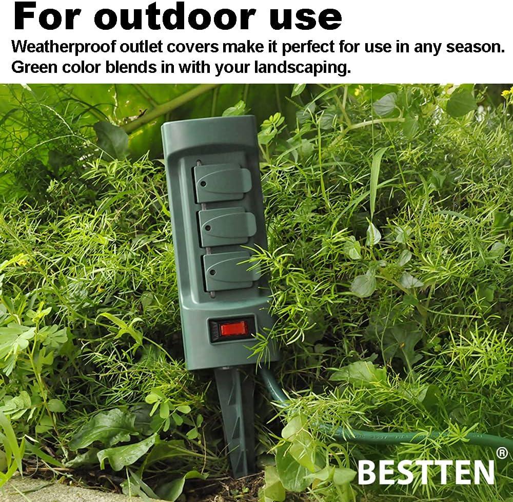 imageBESTTEN Outdoor Power Strip with Covers and Overload Protection Switch Double Sided 6Outlet Yard Power Stake with 9Foot Long Extension Cord ETL Certified Green6 Outlets  9ft