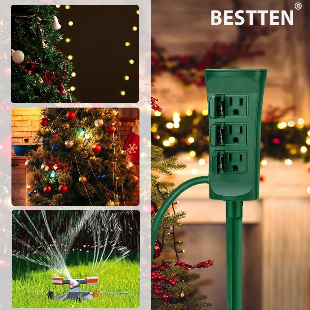 imageBESTTEN Outdoor Power Strip with Covers and Overload Protection Switch Double Sided 6Outlet Yard Power Stake with 9Foot Long Extension Cord ETL Certified Green3 Outlets  30ft