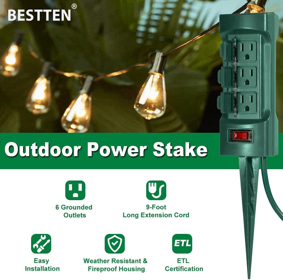 imageBESTTEN Outdoor Power Strip with Covers and Overload Protection Switch Double Sided 6Outlet Yard Power Stake with 9Foot Long Extension Cord ETL Certified Green6 Outlets  9ft