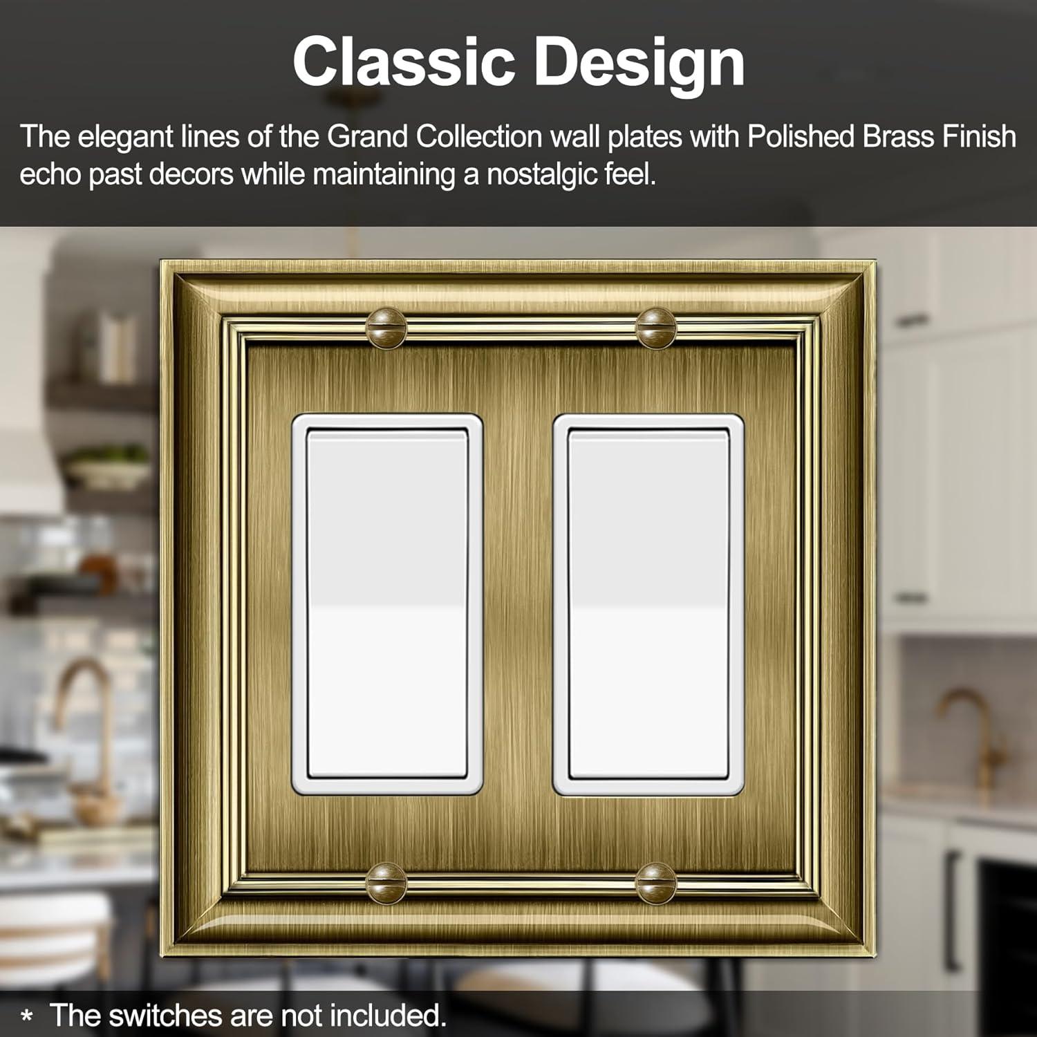 imageBESTTEN Polished Brass Double Duplex Electrical Receptacle Outlet Cover Plates 2Gang Metal Wall Plate Switch Covers Midsize2 Gang Decorator 1PK