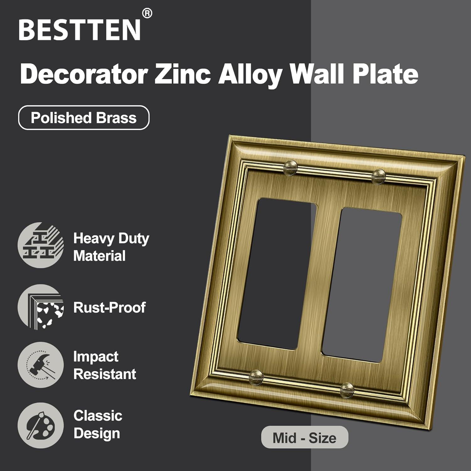 imageBESTTEN Polished Brass Double Duplex Electrical Receptacle Outlet Cover Plates 2Gang Metal Wall Plate Switch Covers Midsize2 Gang Decorator 1PK