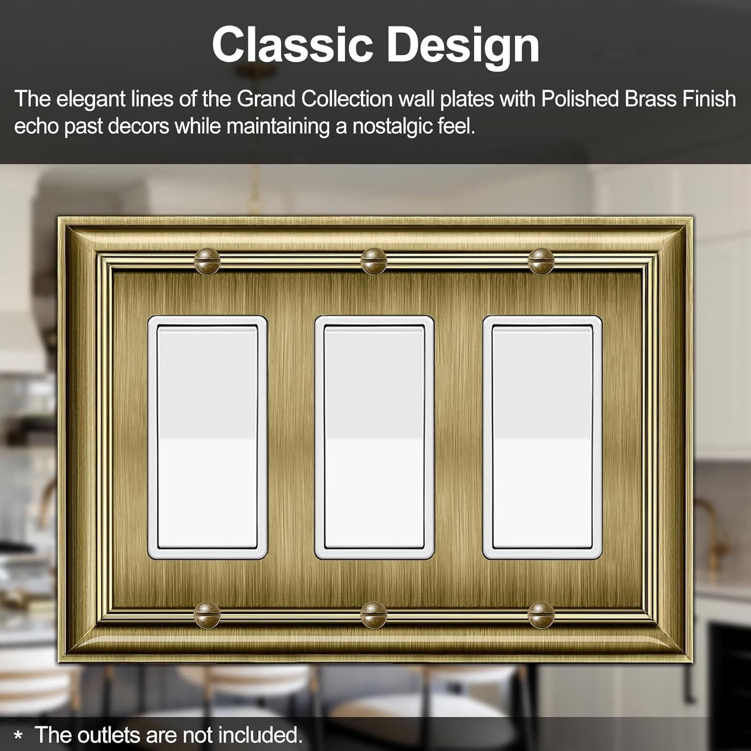 imageBESTTEN Polished Brass Double Duplex Electrical Receptacle Outlet Cover Plates 2Gang Metal Wall Plate Switch Covers Midsize3 Gang Decorator 1PK