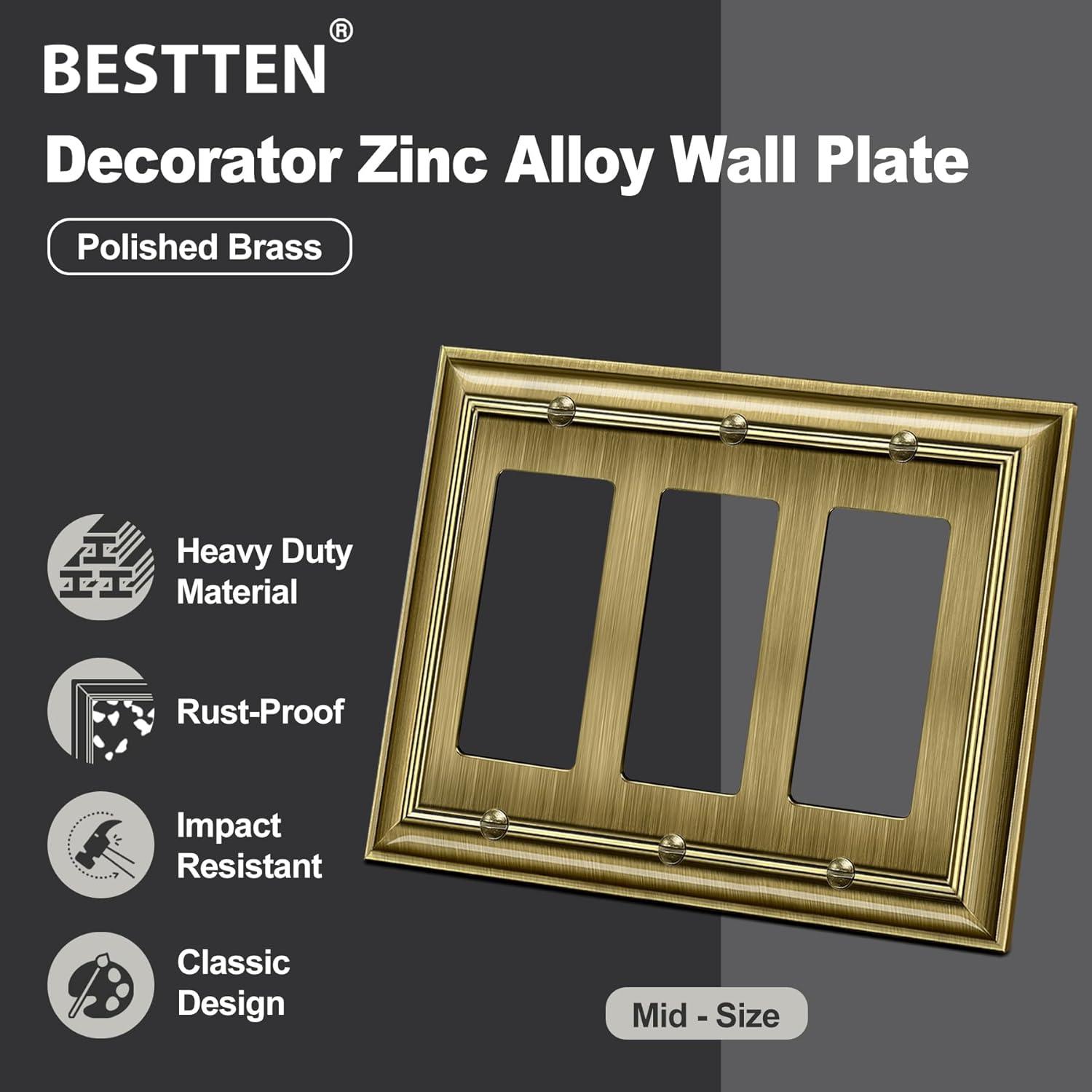 imageBESTTEN Polished Brass Double Duplex Electrical Receptacle Outlet Cover Plates 2Gang Metal Wall Plate Switch Covers Midsize3 Gang Decorator 1PK